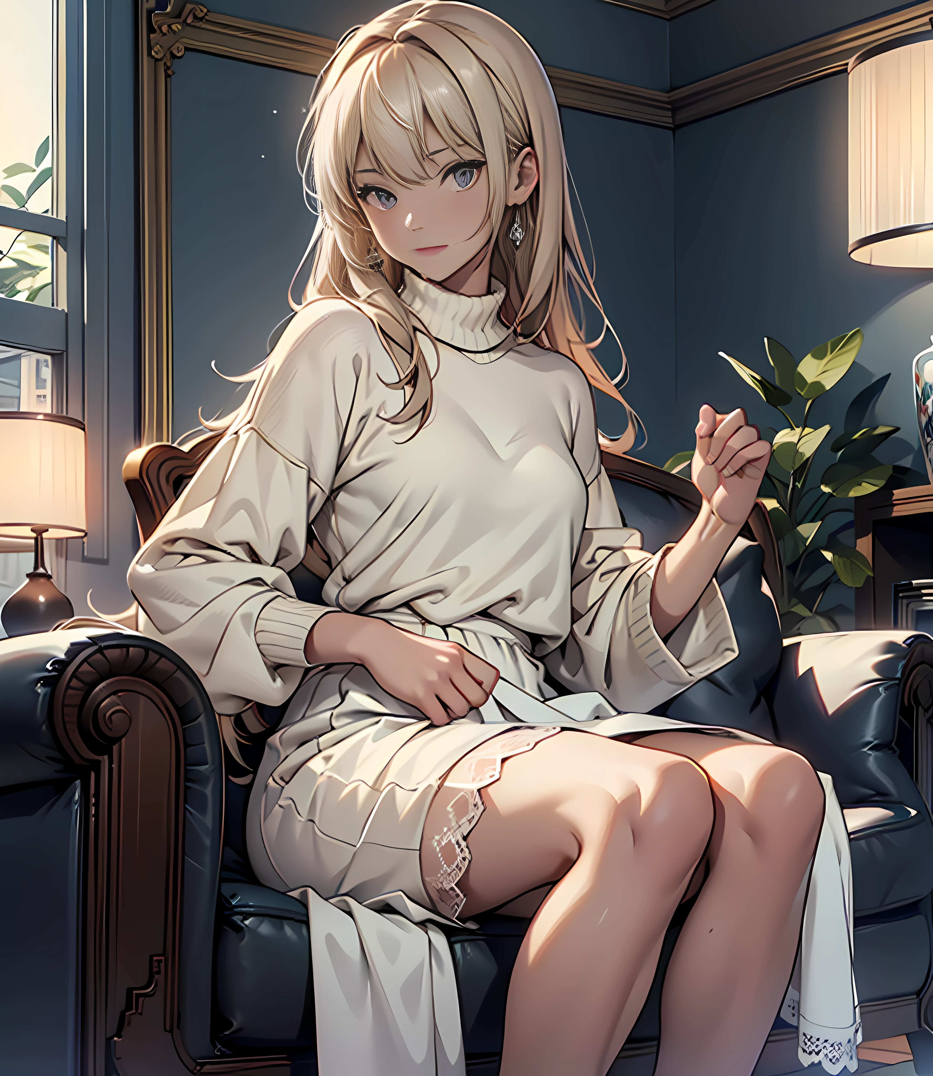(absurderes、hight resolution、ultra-detailliert)、(the Extremely Detailed CG Unity 8K Wallpapers、Beautifully Aesthetic:1.2)、(1girl in:1.3)、Lady、独奏、The upper part of the body、rcasual、It features a simple、Natural Fabric、Sit up、knit、Lace Long Skirt、white shirt、Brownish、If you have a photo、Hold in hand、Plain clothe、a room、sit on sofa、Mystical lighting、Ethereal Atmosphere、livingroom、dressed casually, Sweaters, turtle neck、closed clothes、natural soft light、femele、Adults、