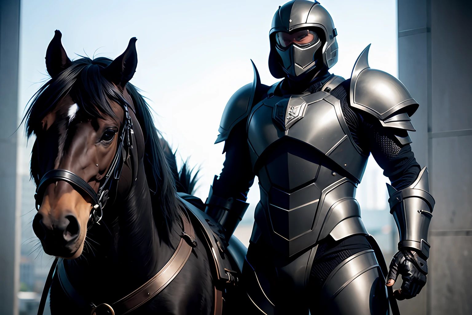 Man in futuristic black armor with black armored horse