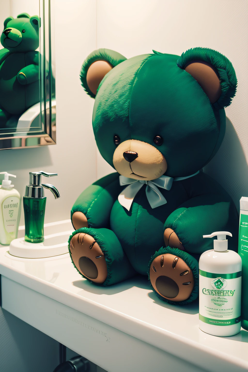 Emerald teddy bear in the bathroom on a white background next to the shower gel, toothpaste, Aroma Candles