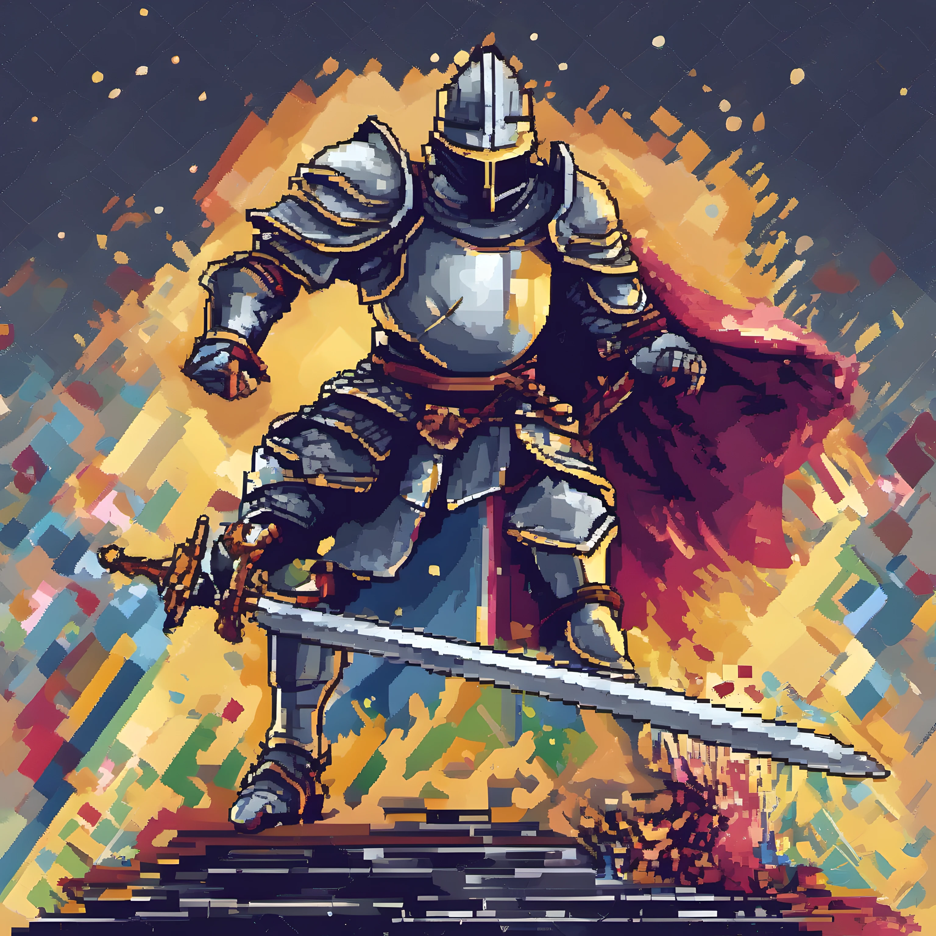 Illustration of knight, pixel character, magic, fantasy, clear background, abstract splash background, t-shirt design, vector art