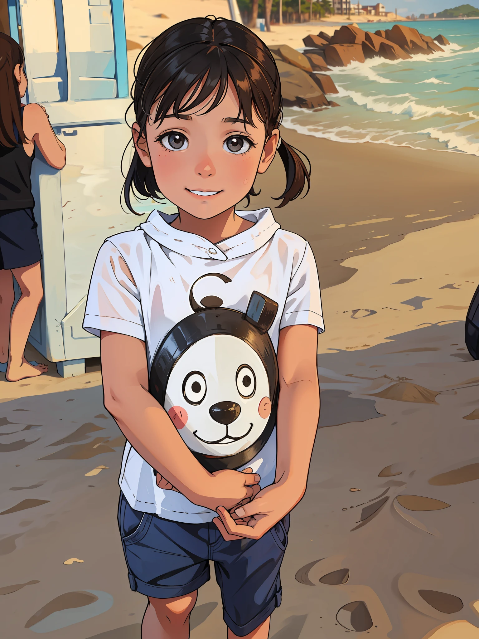On the beach by the sea,A well-behaved little girl,In a slight smile,There is no one in the background