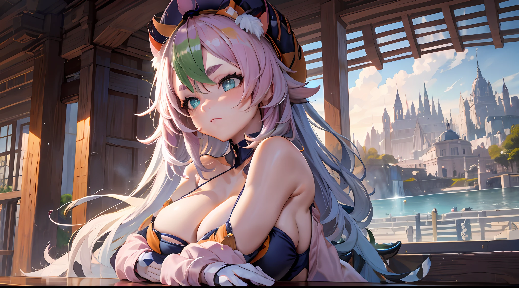 Diona \(genshin impact\), Iwhole body, (NSTDA.:1.2), (10, beste-Qualit, master-piece: 1.4), ultra-high resolution, (lifelike, photorealistic portrait: 1.48), 20 age, Cute Girl, (Look neatly through the bikini:1.11), Famous Japanese actors, Beautiful breasts, Blue Eyes, Head tilt, cowboy shot, from the side, looking at the audience, expressionless, Beautiful lake, Zeiss 150mm F/ 2.8 Hasselblad, Whole body, foot, Ultra-Wide Angle