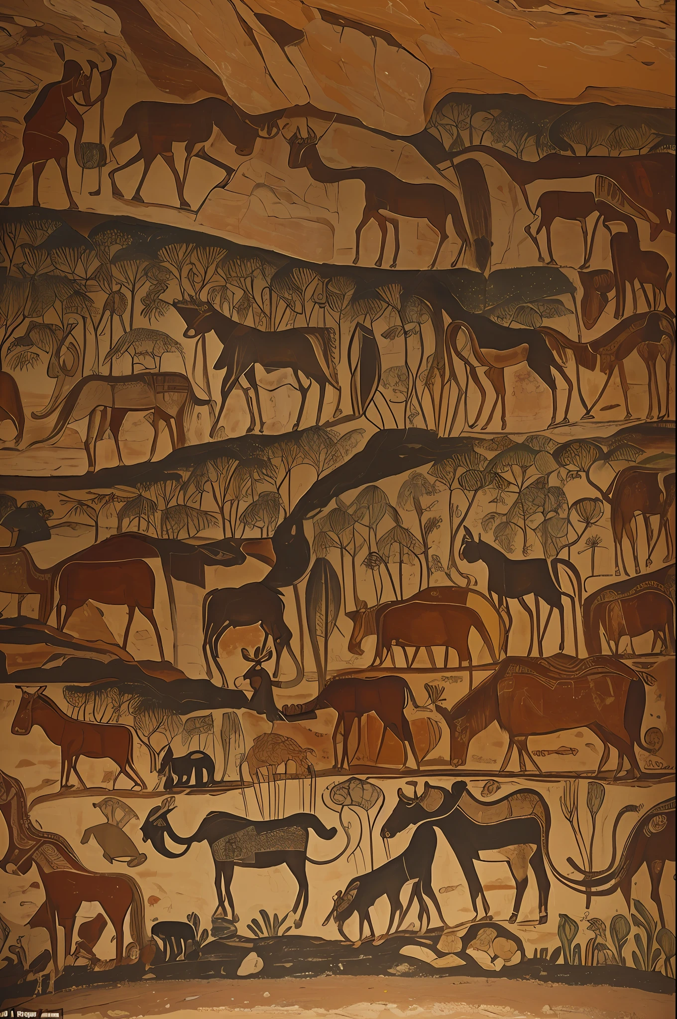 (Masterpiece, high resolution: 1.3), ((Oldest murals, cave paintings, date to the Upper Paleolithic, found in caves)): 1.4, painted on rock walls with natural pigments from plants and minerals, (contains polychrome paintings, engravings) : 1.4, black, red and ocher paintings representing animals, anthropomorphic figures, abstract and non-figurative drawings, styled after the cave paintings of the Chauvet-Pont d'Arc cave