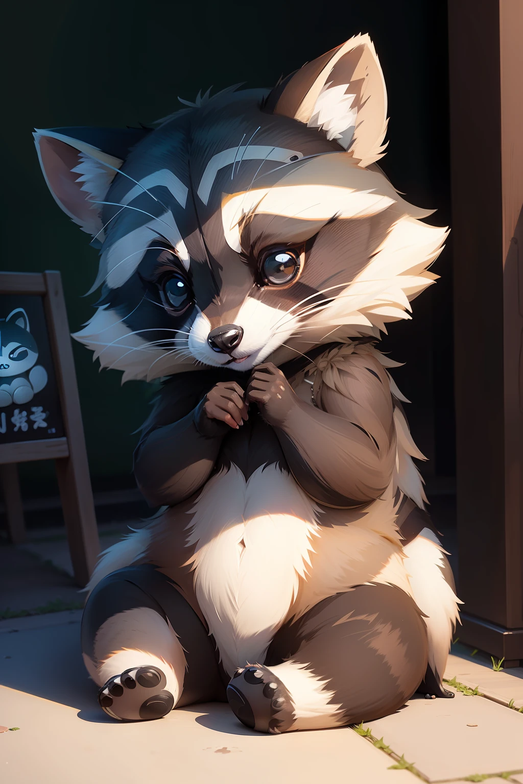 raccoon、kawaii、Sitting、animesque、illustratio、a sticker