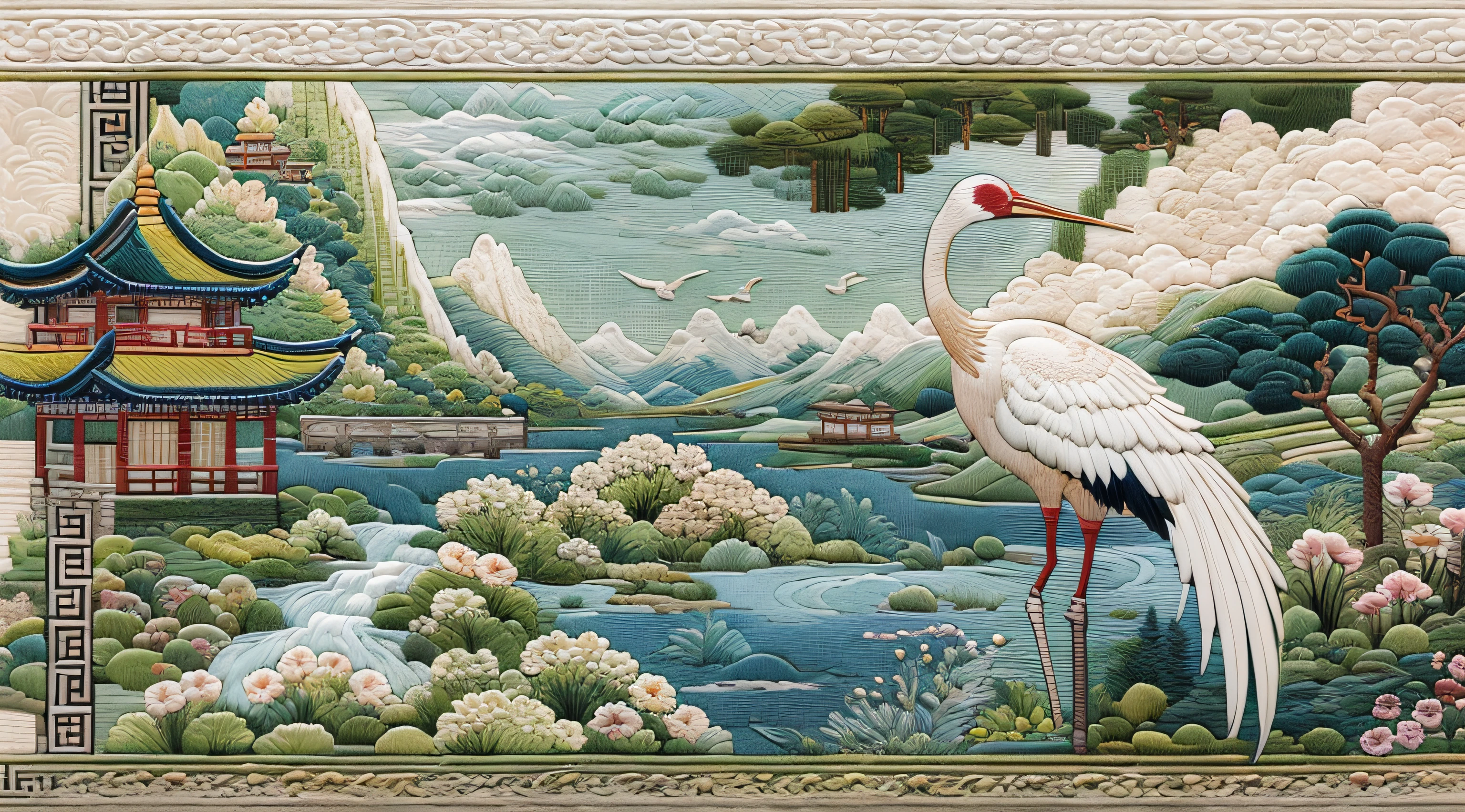 （Cross-stitch landscape，Embroidered landscape），Antique game scene design，white crane，lotuses，waterfallr，A blue sky，White cloud，Chinese landscape painting OC rendering sculpture