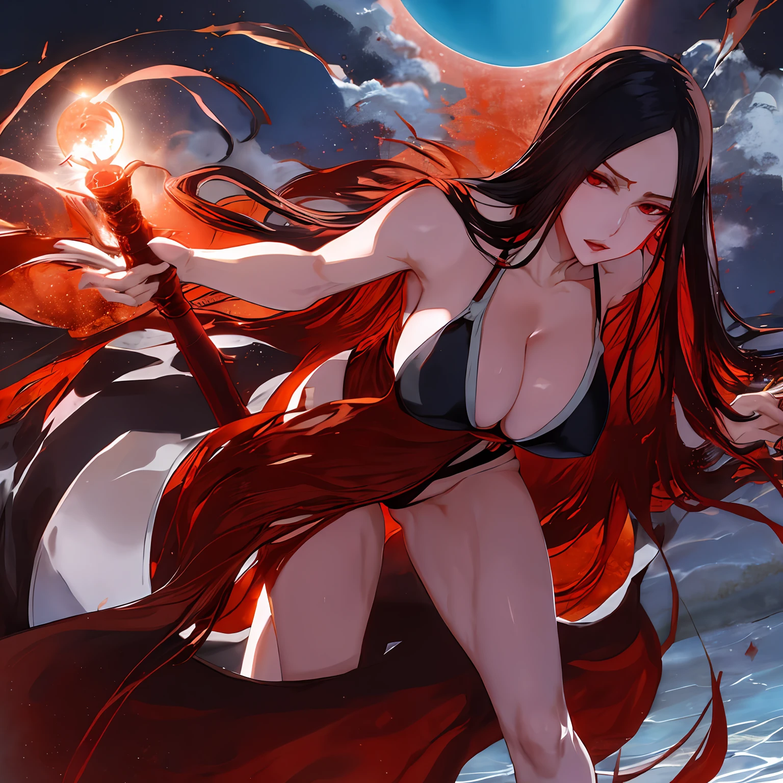 Unohana, solo, swimsuit , red eyes, haori, beach , orange moon, scar on chest, parted lips, thick thighs , big breasts,