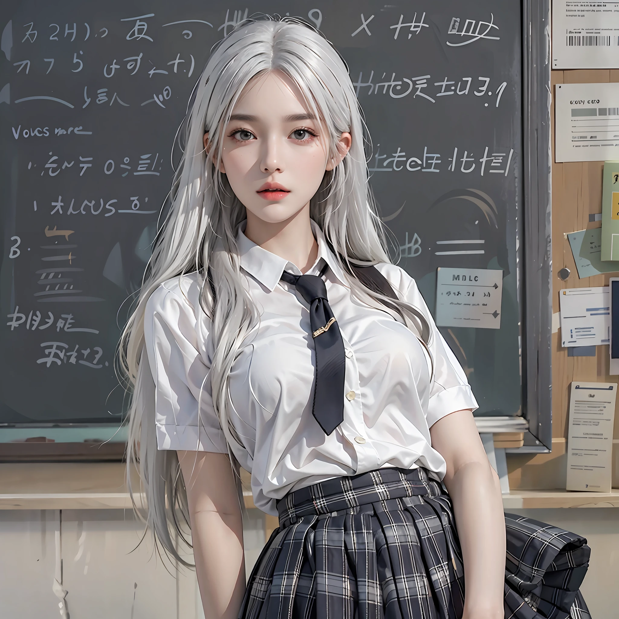 photorealistic, high resolution, 1women, solo, hips up, look at viewer, (detailed face), white hair, long hair, school uniform, skirt
