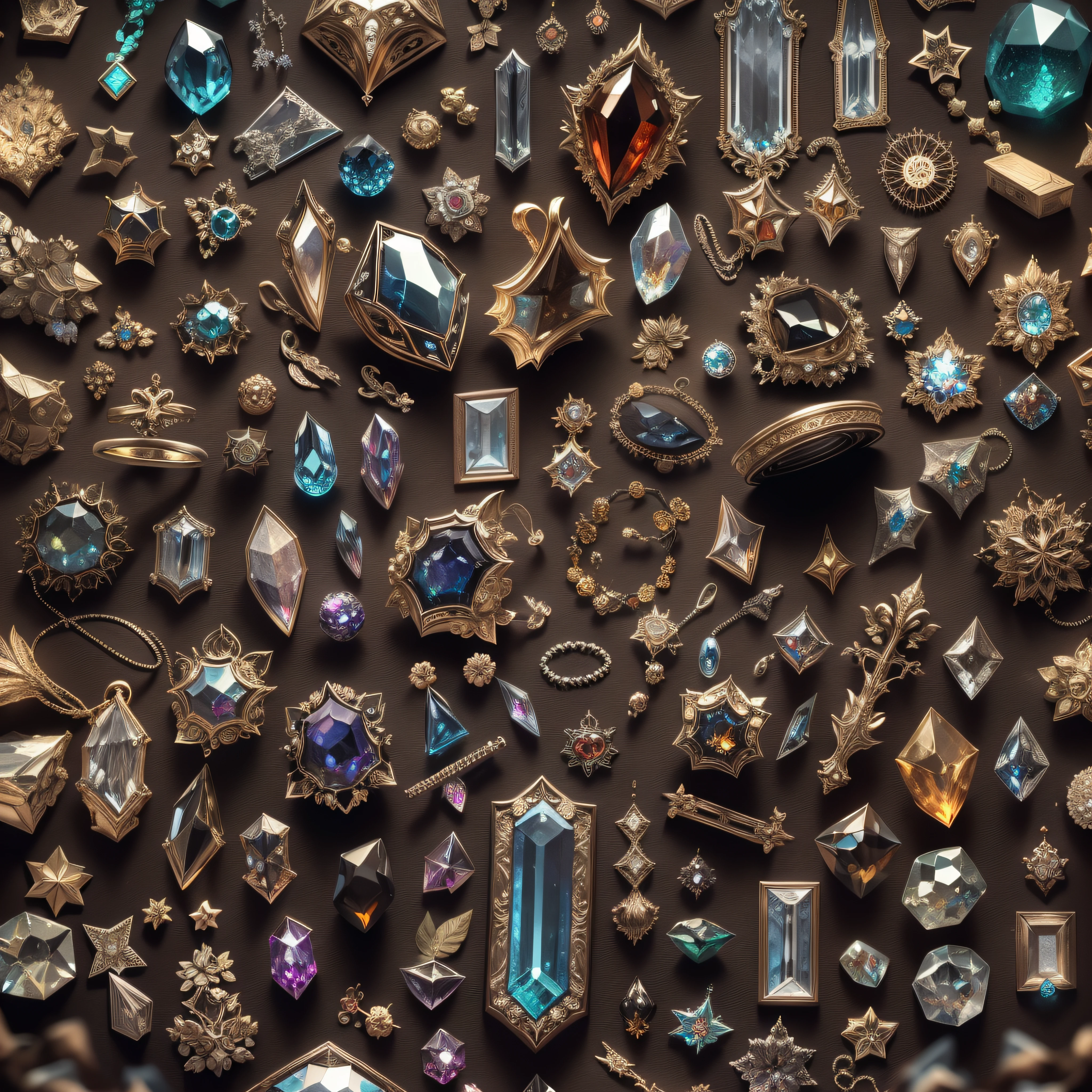 Jewelry in display case，Crystal gemstones in display case,Ore in a display case, High-value jewelry,，High-value metals，luxury goods，（full focus），Puzzles are prohibited, Detailed and complex background, glittery, reflective light, hyper HD, Award-Awarded, A high resolution, High detail, Chiaroscuro, Cinematic lighting, Masterpiece, structurally correct, Super detail, High quality, High details, Best quality, 16k