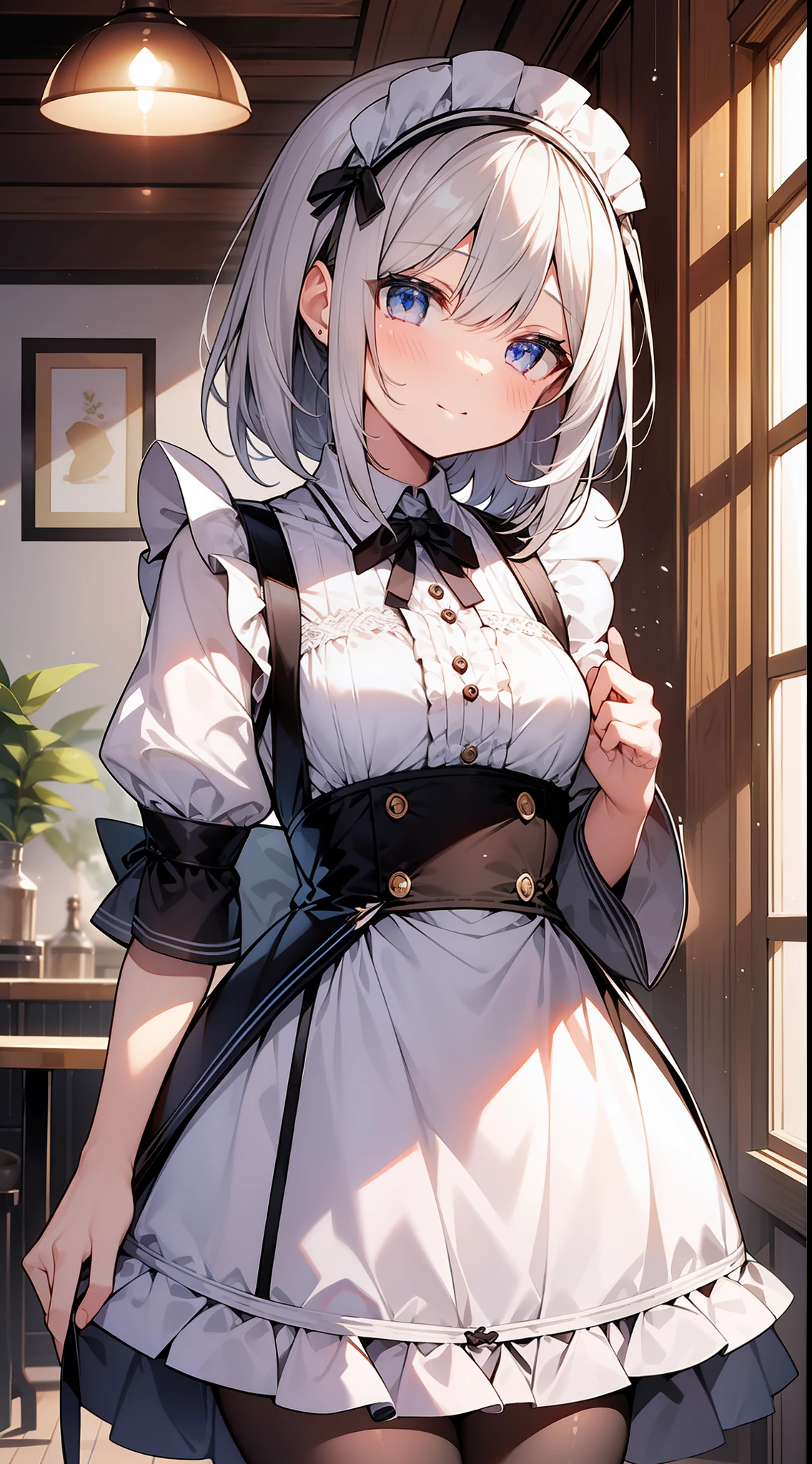 One Girl、white hair、maid clothes、cute little、masterpiece、Top image quality、top-quality。cafes
