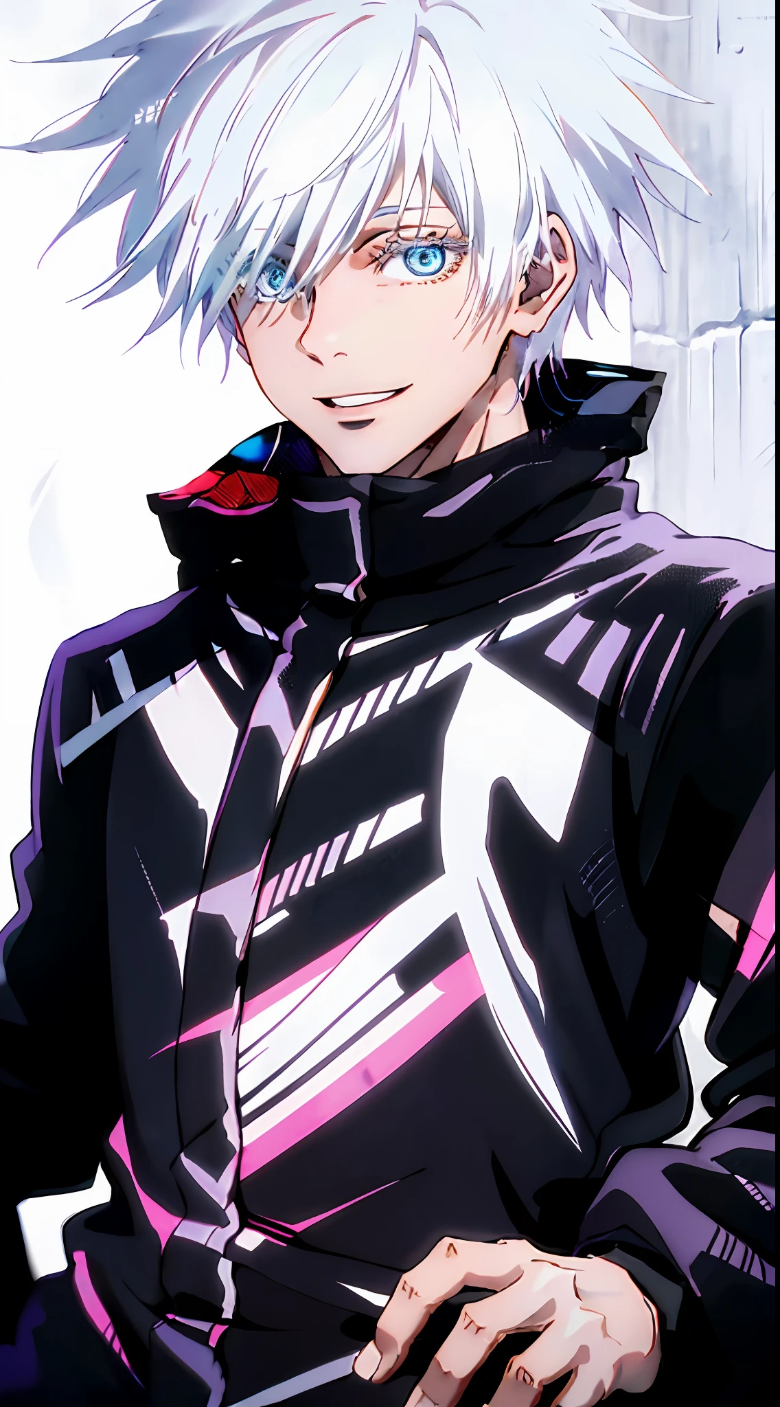 top-quality,Masterpiece,high-level image quality,8k,1 male,独奏,white hair,Black jacket,((Black clothes)),Clothes all over the body,Light blue eyes,Detailed eye description,cowboy shot,full bodyesbian,Standing,Crazy smile,((White background,without background))