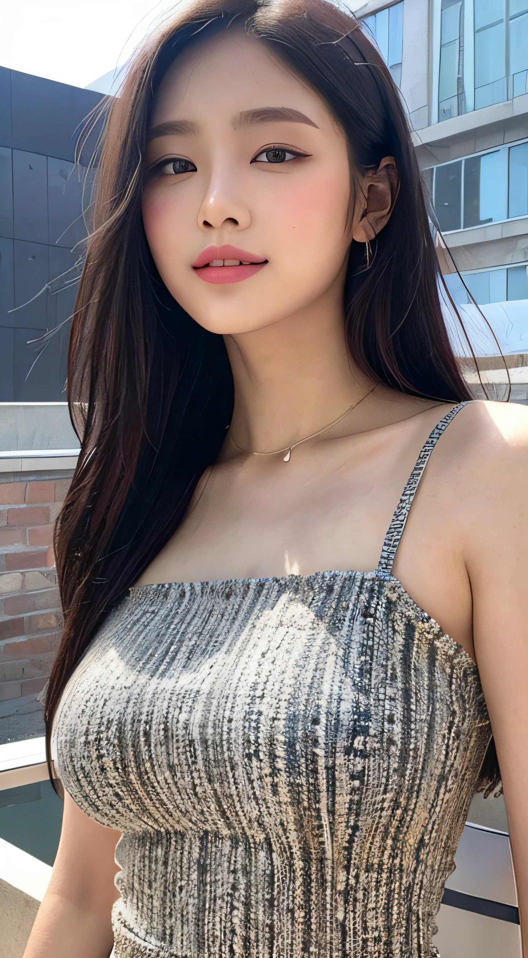 (Best quality, 8K, masterpiece:1.3)) , (one person: 1.4), 1girl, a Korean woman, a goddess, 25 years old, portrait photography, high contrast, God perspective, aperture F1.2, focal length 24mm, ( Full body: 1.2), smile, pose for photos, fine lace, slip dress, croptop dress, simple cut, long black hair, super detailed skin details, detailed fabric texture, high detailed rooftop background, big breasts