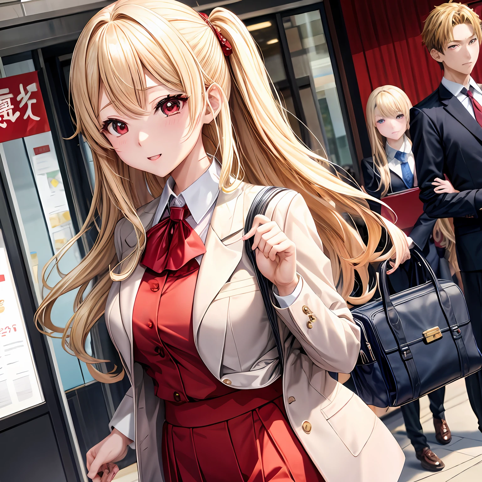 a blond、red eyes、One pretty girl、独奏、animesque、suits、Business Bag