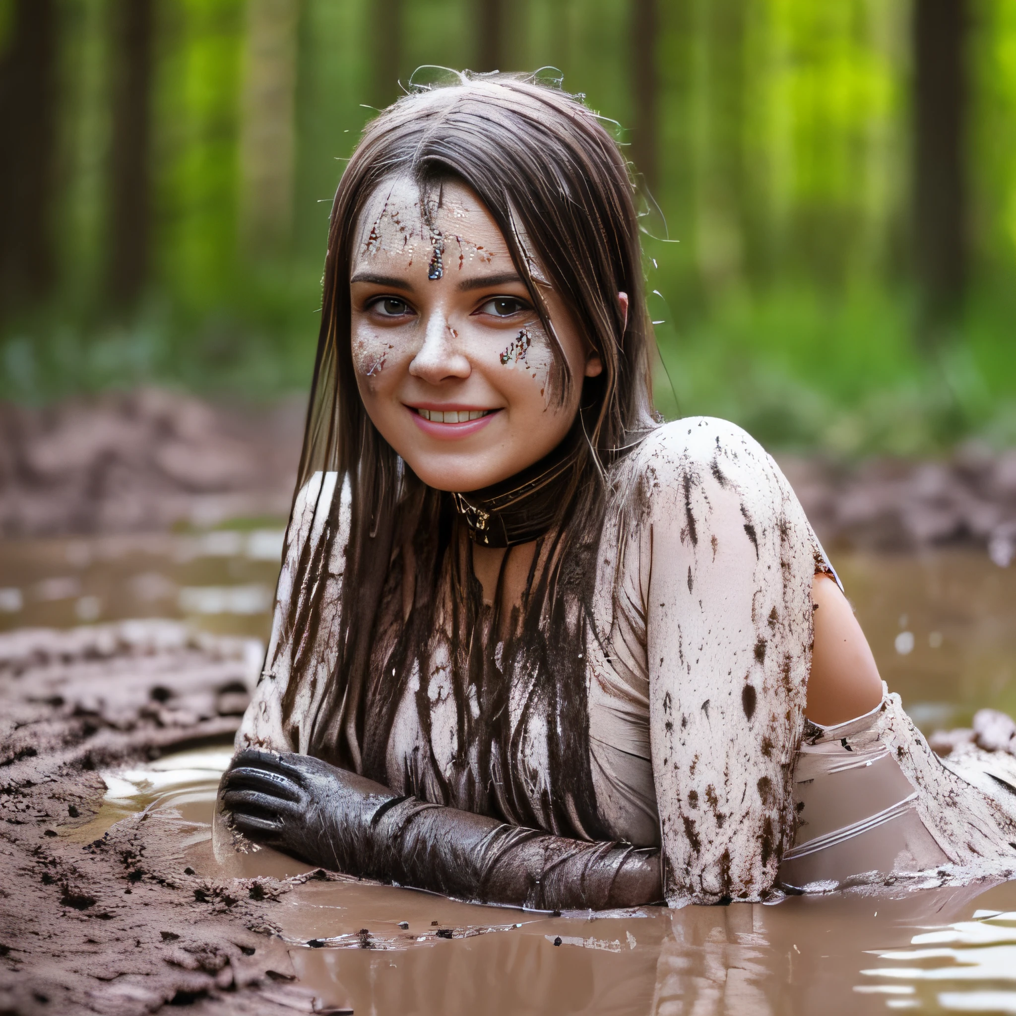 Hyperrealistic photograph of a woman in a white wedding dress splattered with mud, long white satin gloves, choker white dirty with mud, (Whole body view), der Schritt ist voller Schlamm, Schlammspritzer im Gesicht, das Gesicht ist mit Schlamm verschmiert, 30-year-old women bsmeared with mud, Lena meyer Landrut,schwarze lockige Haare mit Schlamm verschmiert, das Korsett ist mit Schlamm verschmiert, High quality, realistische Beleuchtung, Bildmitte, 8K, HDR, BDSM, medium breast size, lange Beine, professionelle Fotografie einer Frau, natural skin texture smeared with a lot of mud, 4K-Texturen, Adobe Lightroom, Fotolabor, HDR, kompliziert, elegant, sehr detailliert, scharfer Fokus, wahnsinnige Details, komplizierte Details, hyperdetailliert, Helles Kinolicht, Außenatmosphäre, Kinn hochgezogen, (exponierter Bauch: 1,8 ), Mund halb offen, smil