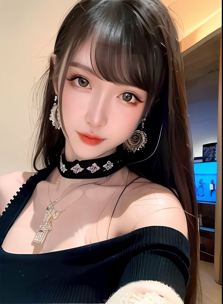 Best quality, (Photorealistic:1.2), 1girll, Solo, Detailed face, Face focus, standing, Black hair,(hair adornments:1.35),school uniform, ribbon-trimmed sleeves, Detached sleeves, Ribbon trim, Wide sleeves, (view the viewer:1.5) Long hair, Black eyes, bangs, Lips,