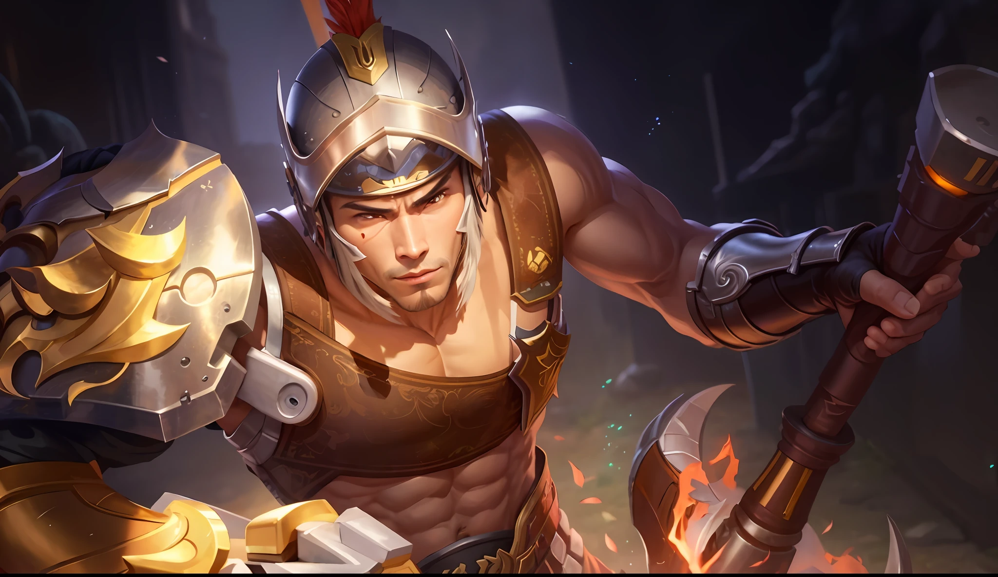 um close up de um homem de armadura segurando um martelo, inspirado por Huang Shen, ares com armadura pesada e espada, arte oficial splash, Zhao Yun, Retrato do deus grego Ares, mobile legends, Sylas, inspirado por Li Kan, guerreiro masculino, Heise Jinyao, Dom Wukong, xianxia hero, Bian Lian, por Yang J