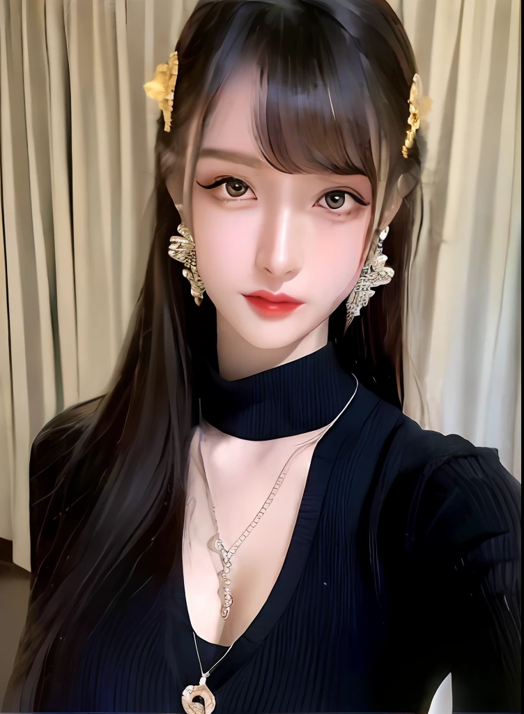 Best quality, (Photorealistic:1.2), 1girll, Solo, Detailed face, Face focus, standing, Black hair,(hair adornments:1.35),school uniform, ribbon-trimmed sleeves, Detached sleeves, Ribbon trim, Wide sleeves, (view the viewer:1.5) Long hair, Black eyes, bangs, Lips,