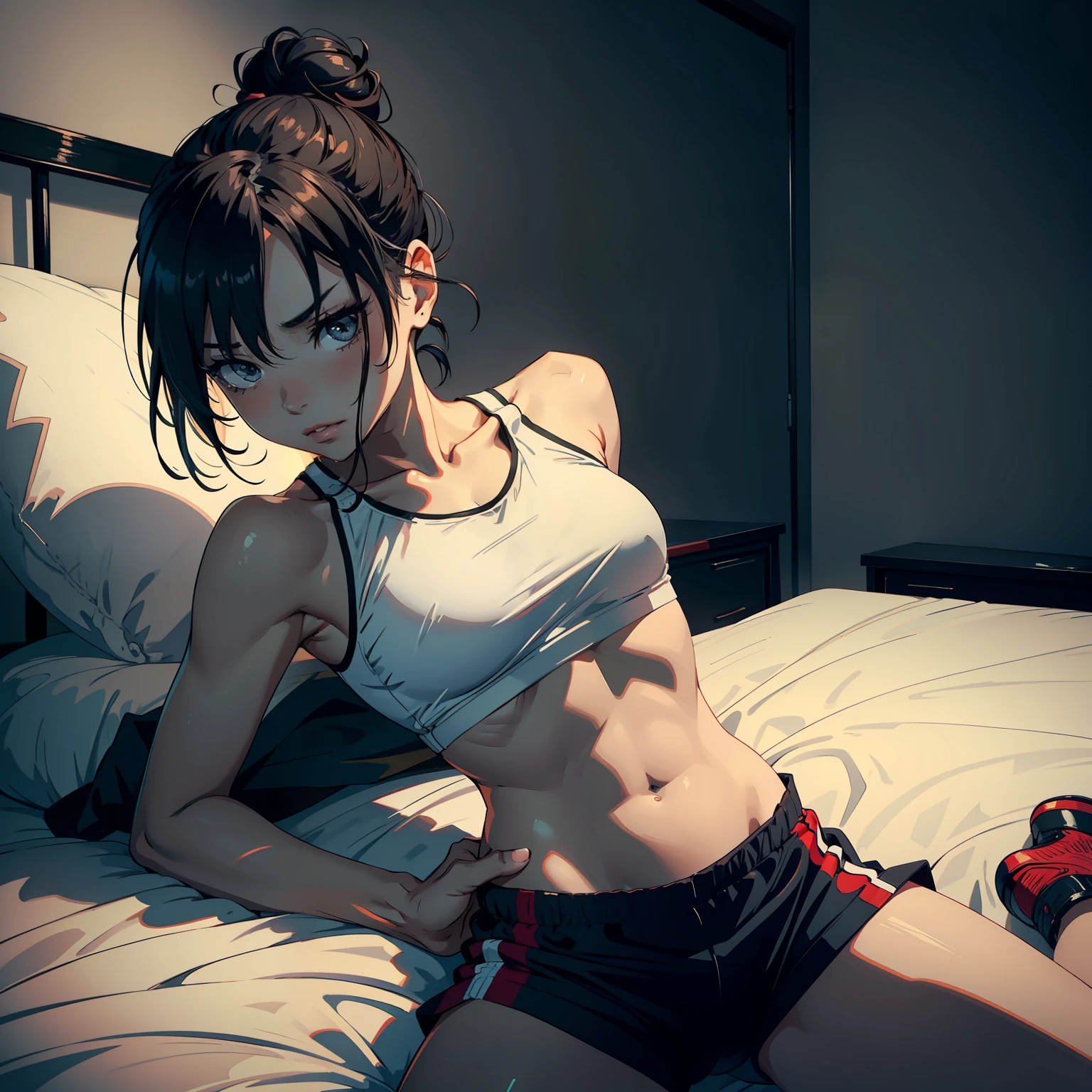 Petite woman, sexy, hair tied in a bun, seductive look, pinned down, on bed, playful wrestling turns to intense moment, loose crop top, miniskirt