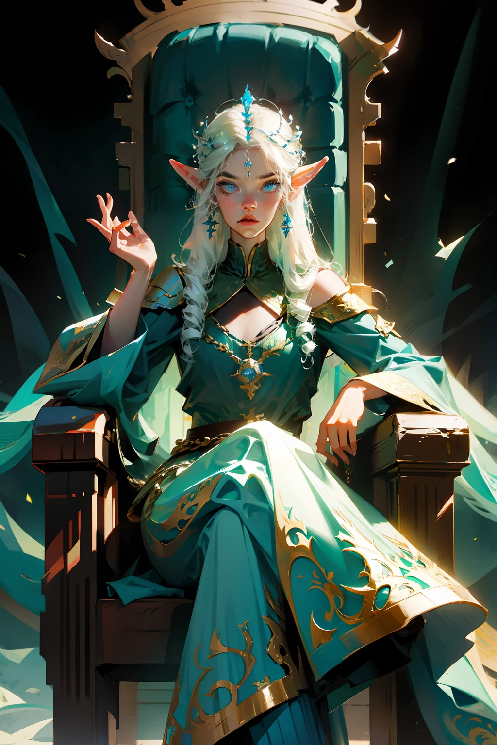 The Norse elven king who rules the entire elven kingdom，Sitting majestically on the throne，Deep blue eyes