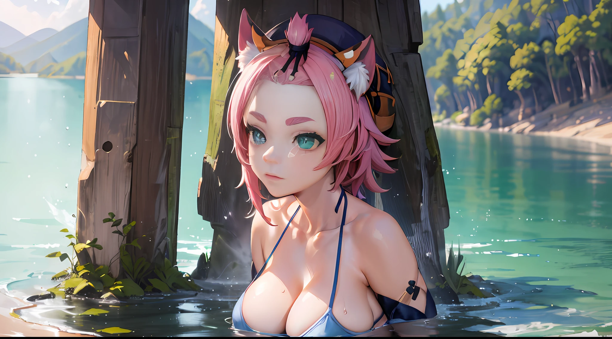 Diona \(genshin impact\), Iwhole body, (NSTDA.:1.2), (10, beste-Qualit, master-piece: 1.4), ultra-high resolution, (lifelike, photorealistic portrait: 1.48), 20 age, Cute Girl, (Look neatly through the bikini:1.11), Famous Japanese actors, Beautiful breasts, Blue Eyes, Head tilt, cowboy shot, from the side, looking at the audience, expressionless, Beautiful lake, Zeiss 150mm F/ 2.8 Hasselblad, Whole body, foot, Ultra-Wide Angle