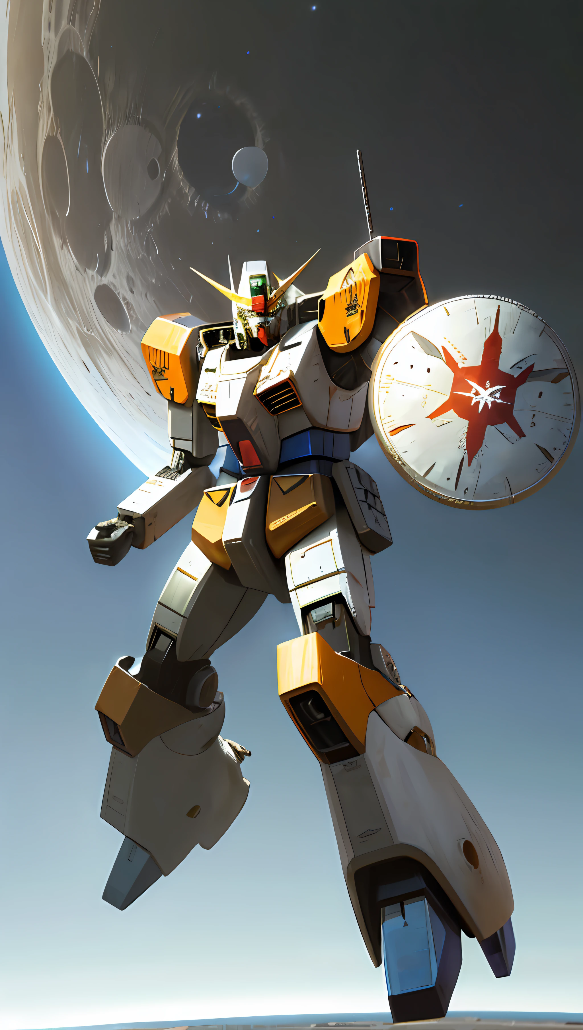 ((masterpiece)), (solo:1.4), a (((mecha))) with sleek and menacing design, glowing eyes, full body, highly detailed, high detailed background, battle, planet, hovering, a huge shield, shoulder armor, mechanical backpak ,science fiction, fighter plane flying over the earth in space with the moon in the background, concept art, space art, FSS-MH