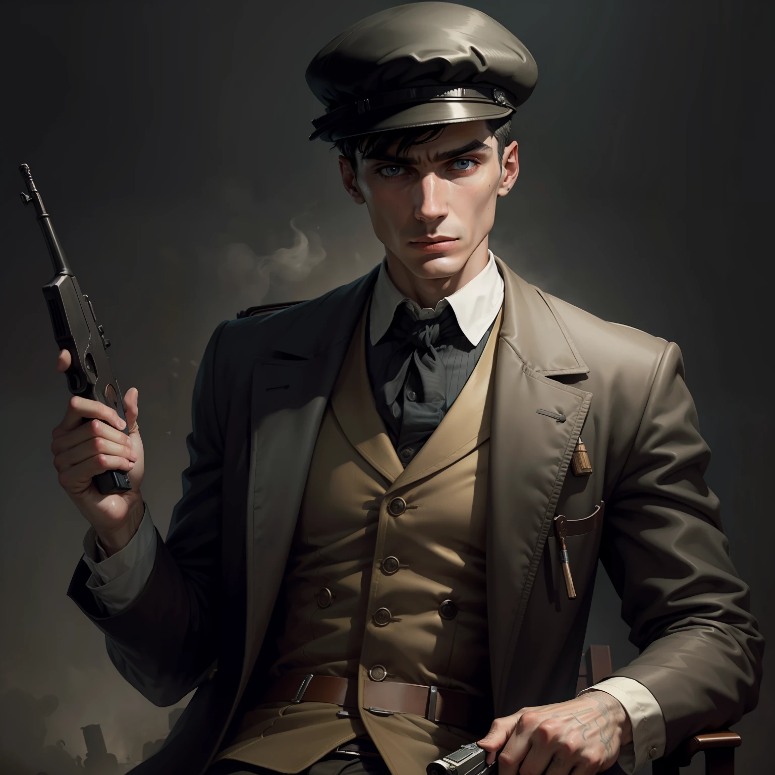 Thomas Shelby, desenho realista, in a chaotic scenario, with a sacred blibia in his left hand, and a gun in his right hand.