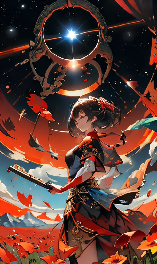 a beautiful Asian female standing on a field of poppies, bright sun, view of blue sky, time portal in the sky, on the other side of the time portal is an alien solar system with stars, moons, alien planets, supernovas, blackholes, asteroids, comets, shooting stars, meteors, full view of woman and field of poppies, full view of time portal and the celestial world on the other side, hyperrealism, surreal, cinematic quality, high quality, high definition, chroma, high resolution, masterpiece, artwork, oil paint, high details, professional artwork, thought-provoking, exceptional, perfect, amazing, creative, unusual