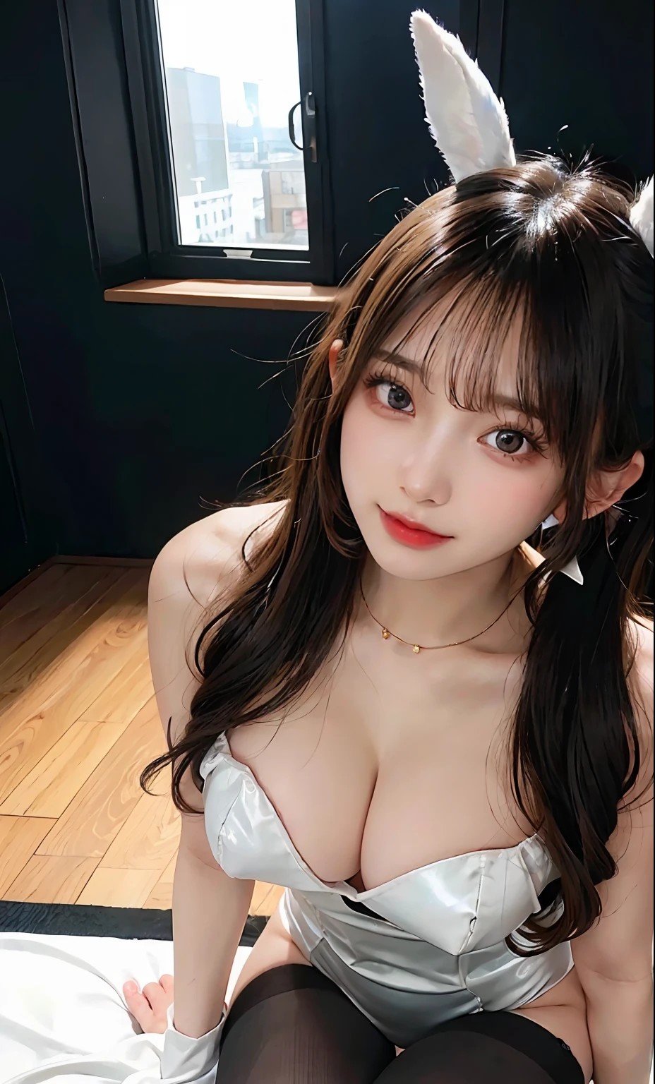 (RAW photo: 1.2), top quality, beautiful detailed girl, bunny girl, from below, twin tails, highly detailed eyes and face, beautiful detailed eyes, huge file size, high resolution, 8k wallpaper, fine detail, highly detailed ticker uniform 8k wallpaper, light on face, movie lighting, 16 year old girl, sexy pose, (photorealism: 1.4), illustration, super detail, masterpiece, playboy bunny, fishnet pantyhose, sitting, crotch open, m-shaped legs, lovely thighs, shining thighs, full body