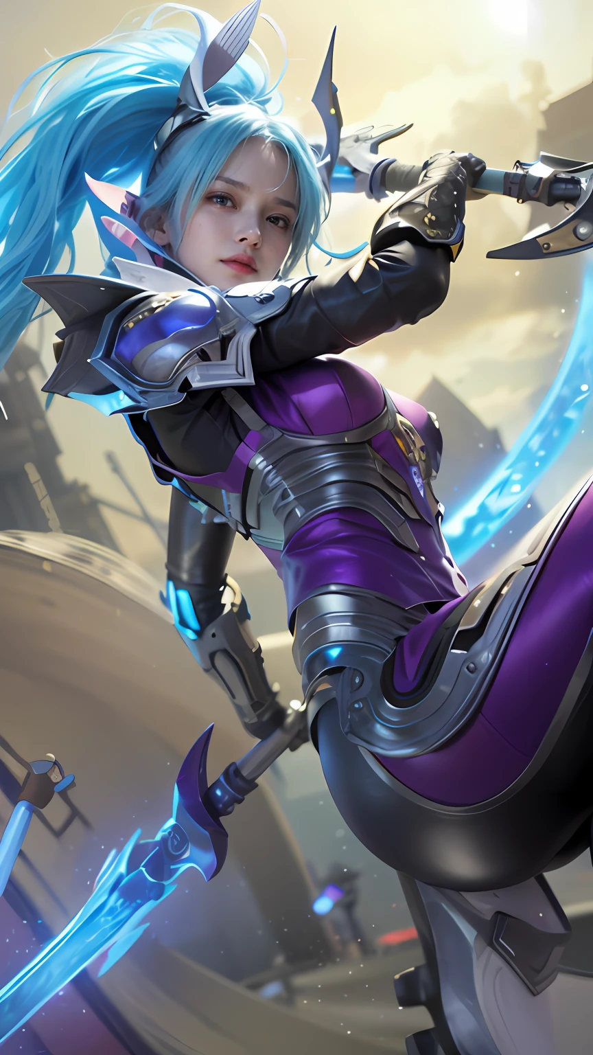 (8k, best quality, masterpiece:1.2), (realistic, photo-realistic:1.37), ultra-detailed,
A detailed portrait of 1 21 year old girl, yellow eyes, blue hair, detail face, pale skin, face facing the camera, wearing a tight outfit with armor, holding twin shadow blades. The scene is illuminated with professional lighting, photon mapping, and radiosity, with Tetsuya Nomura Style and a cyber-futuristic feel. Urban background with blur or bokeh effect, neon details, realistic light.