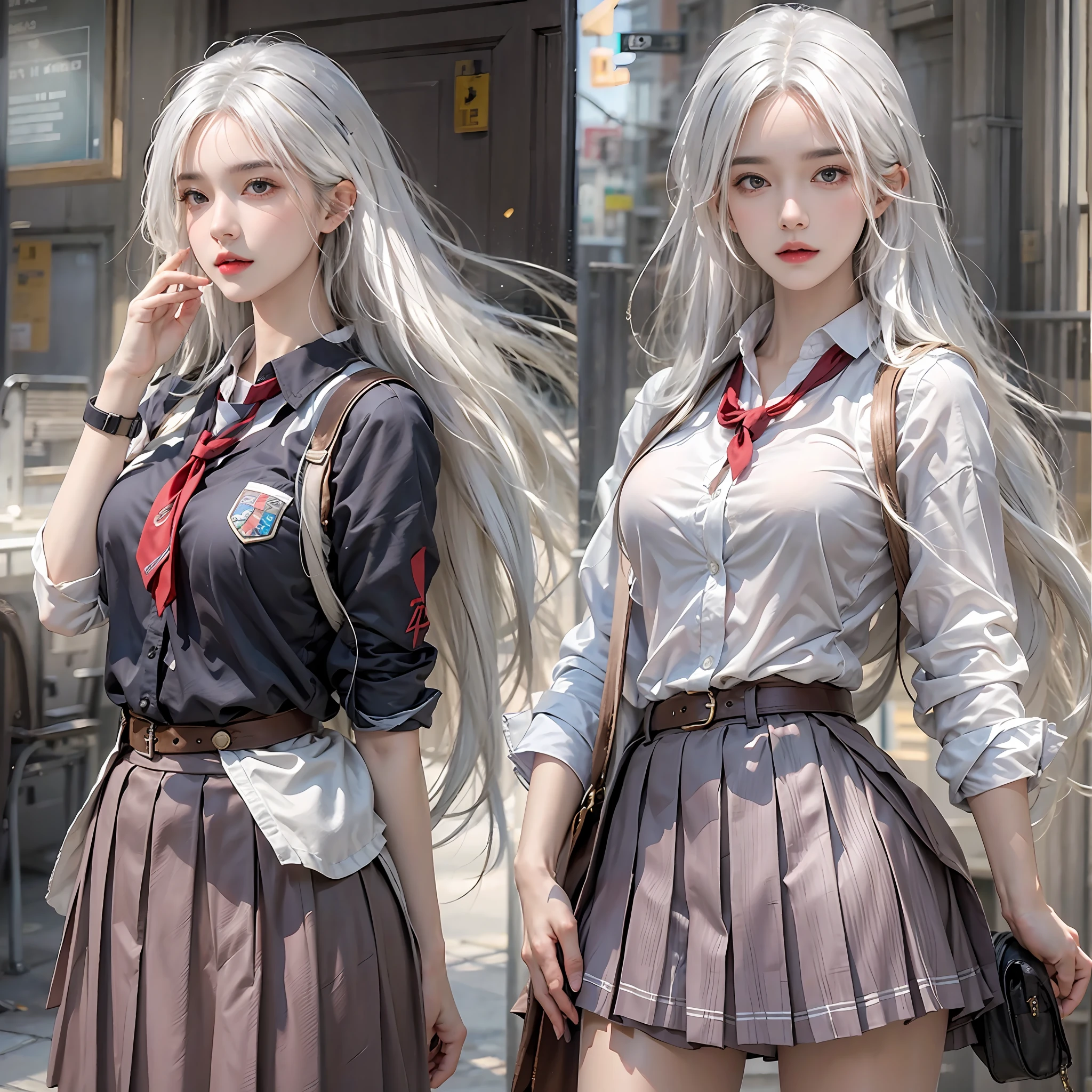 photorealistic, high resolution, 1women, solo, hips up, look at viewer, (detailed face), white hair, long hair, school uniform, skirt