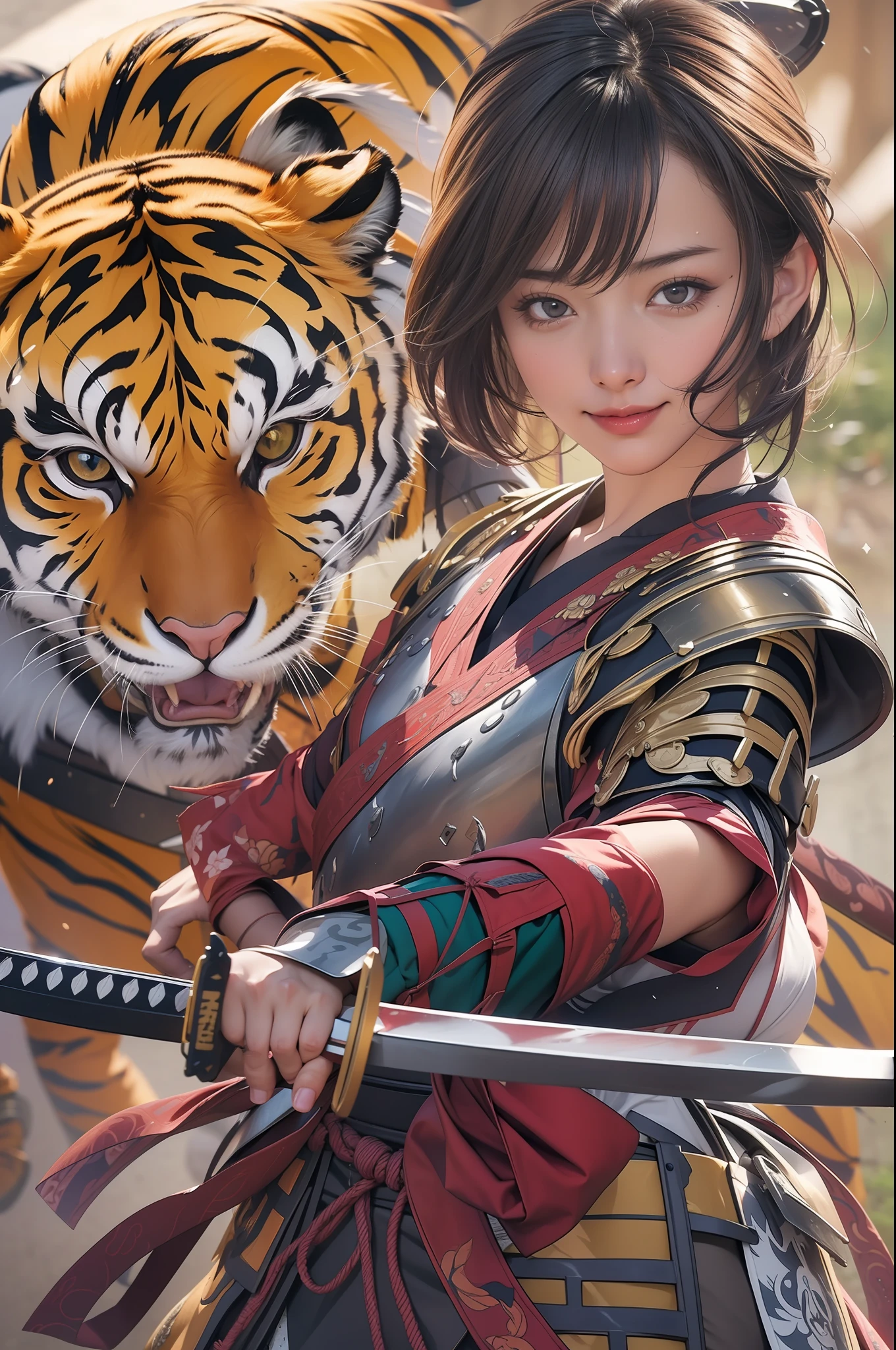 A dark-haired、a short bob、Straight hairstyle、big eye、Double eyes、Japan Beauty、Korean Idol、30-years old、small tits、flat-chest、top-quality、masterpiece、8K、 1 woman, Elegant beauty, Radiant skin, (Keiji Maeda costume:1.3), (Warring states period:1.4), Solo, (Eccentric fashion:1.2), (Tiger pattern accent:1.3) (samurai armor:1.5), The face is female、Detailed traditional costumes, (Style Sengoku:1.3), Feminine smile expression, (Style Dynamic:0.8),
Standing Pose, holding katana, Determined expression, (Background: Battlefield), (Style Battle Ready:0.9), Historical atmosphere, Armor Details, Detailed background, (Style Wafuku:0.9), powerful aura,
