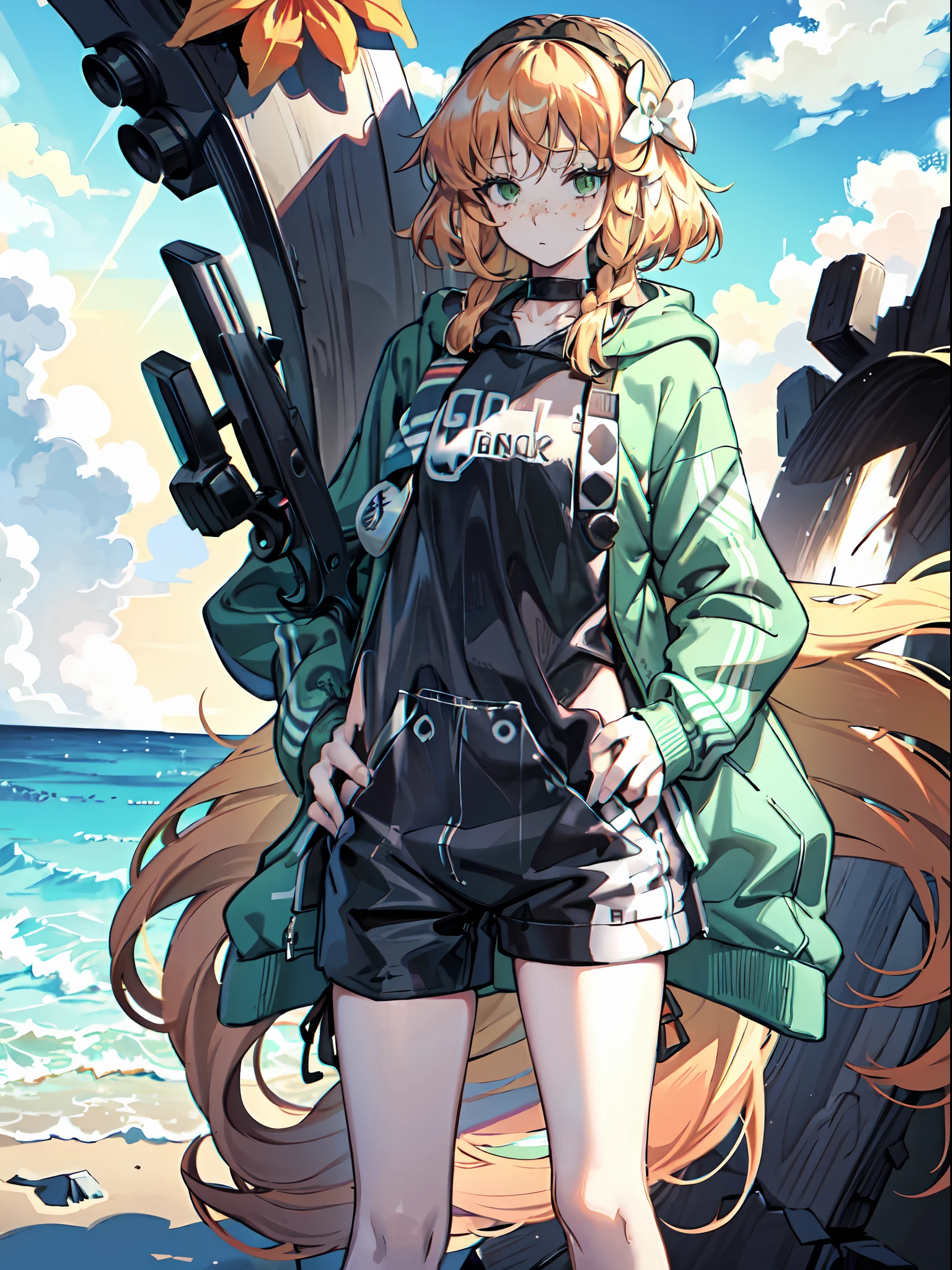 original outfit, beach outfif, 1girl, tired face expression, extremely long hair, bronze hair, green eyes, black hairband with white flower on left side, outdoors, (hoodie:1.3), headphones around neck, cityscape, cowboy shot, hands in pockets