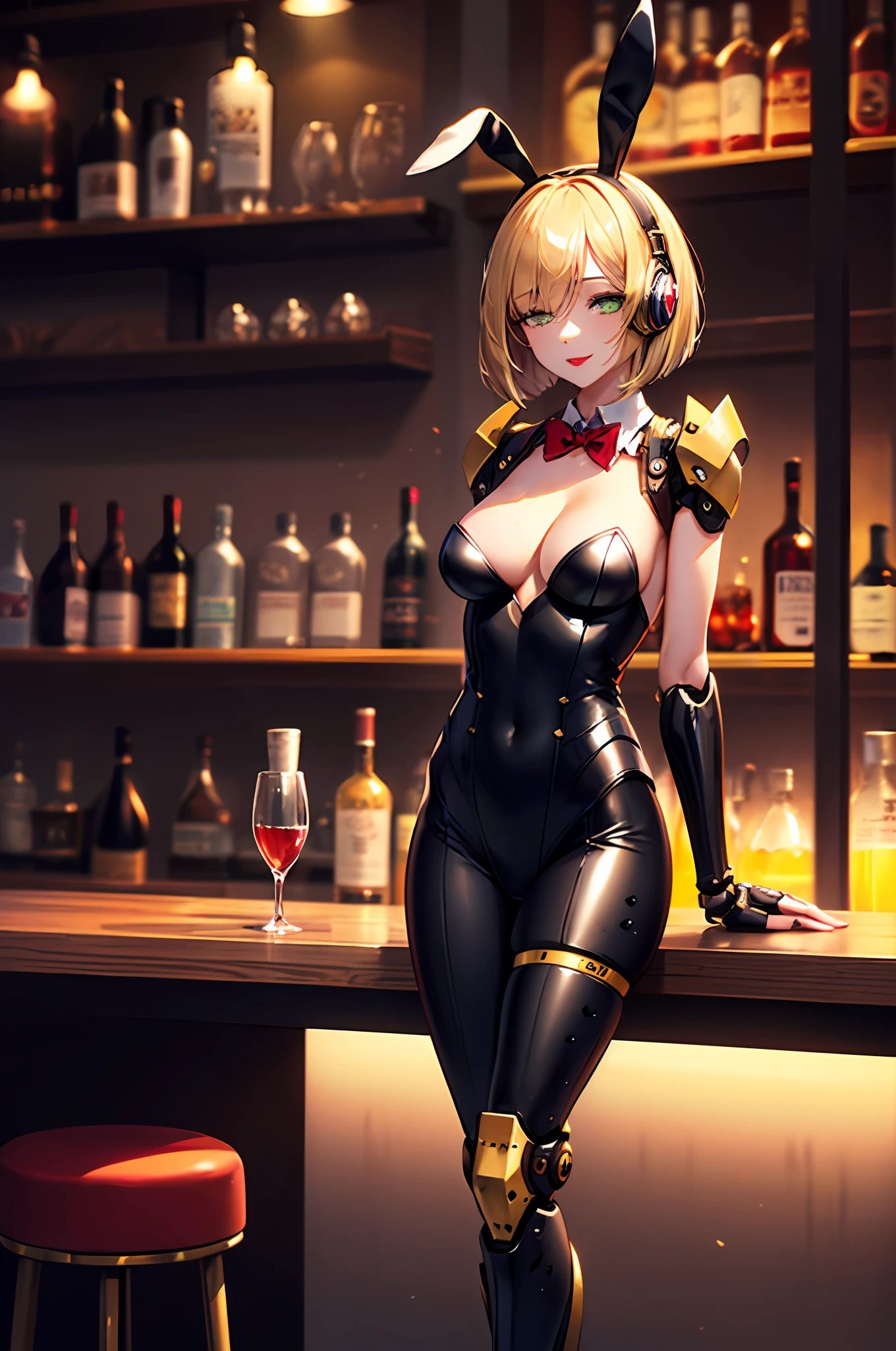 Top quality, intricate detail, super detailed, accurate depiction, highly detailed 8k wallpaper, beautiful mechanical woman, solo, (half closed eyes, green eyes), (beautifully detailed eyes), BREAK, seductive smile, (mechanical bunny girl: 1.3), (black exoskeleton leotard: 1.5), (golden color mechanical joints, echanical arms, mechanical legs:1.4), (exposed shoulders, exposed armpits), BREAK, (long eyelashes, red lips), bowtie, rabbit ear headphones, rabbit tail, (blonde hair, bob cut), (5fingers, 4fingers and 1thumb), BREAK, cyberpunk, (bar), bar counter and round chairs, wine, whiskey, bourbon, neon signboard, arms behind back, sitting, crossed legs,