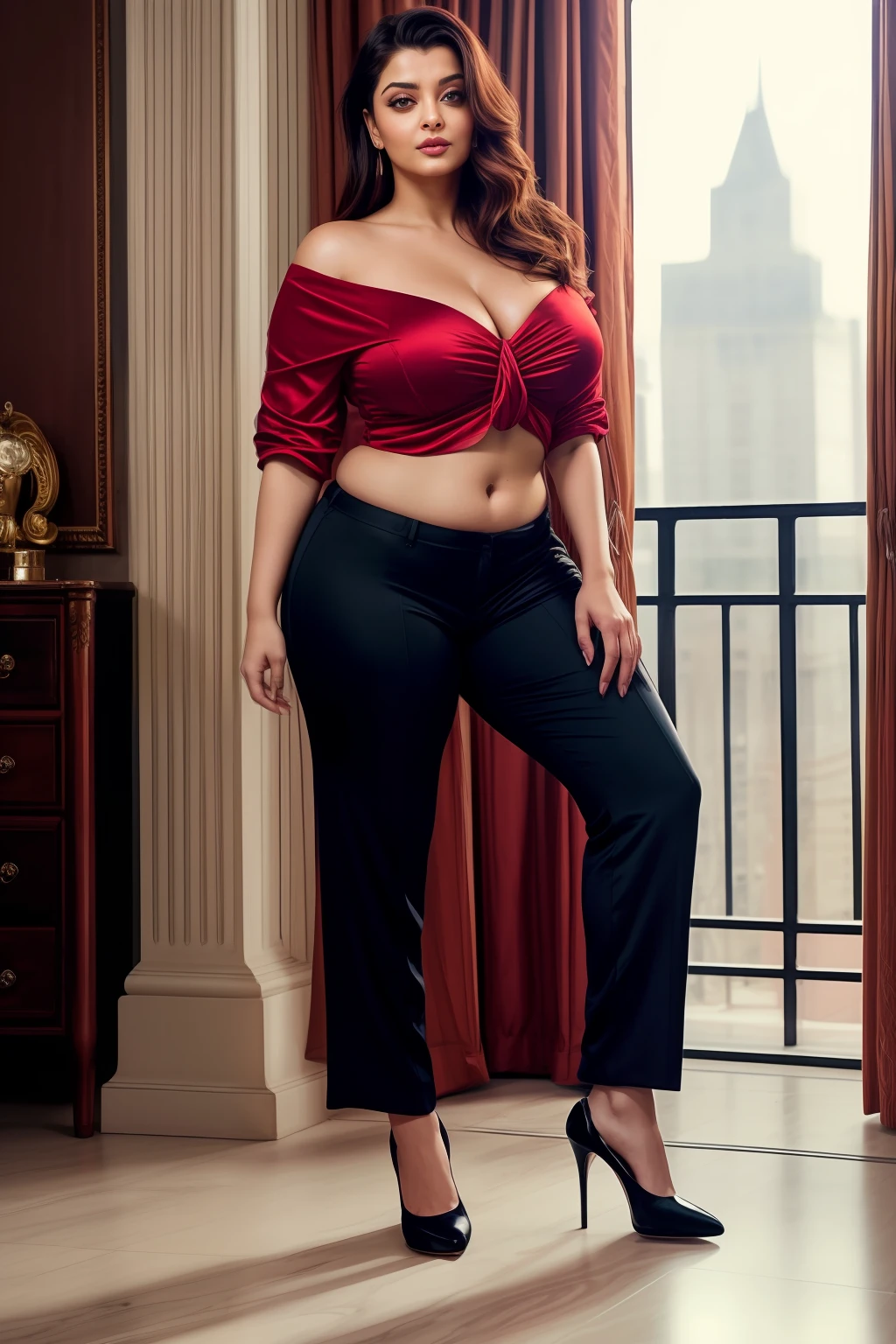 Aishwarya rai as corporate lady, red satin formal trousers with off shoulder strapless low cut top, athletic curvy figure, highh boots, open hair, deepcut neckline, huge cleavage show, erotic pose in balcony, day scene, hourglass figure, small breasts, fit, seductive face, look at camera and wink, erotic adult face, 40 yo, soft volumetric lights, intricate details, (ArtStation:1.2)