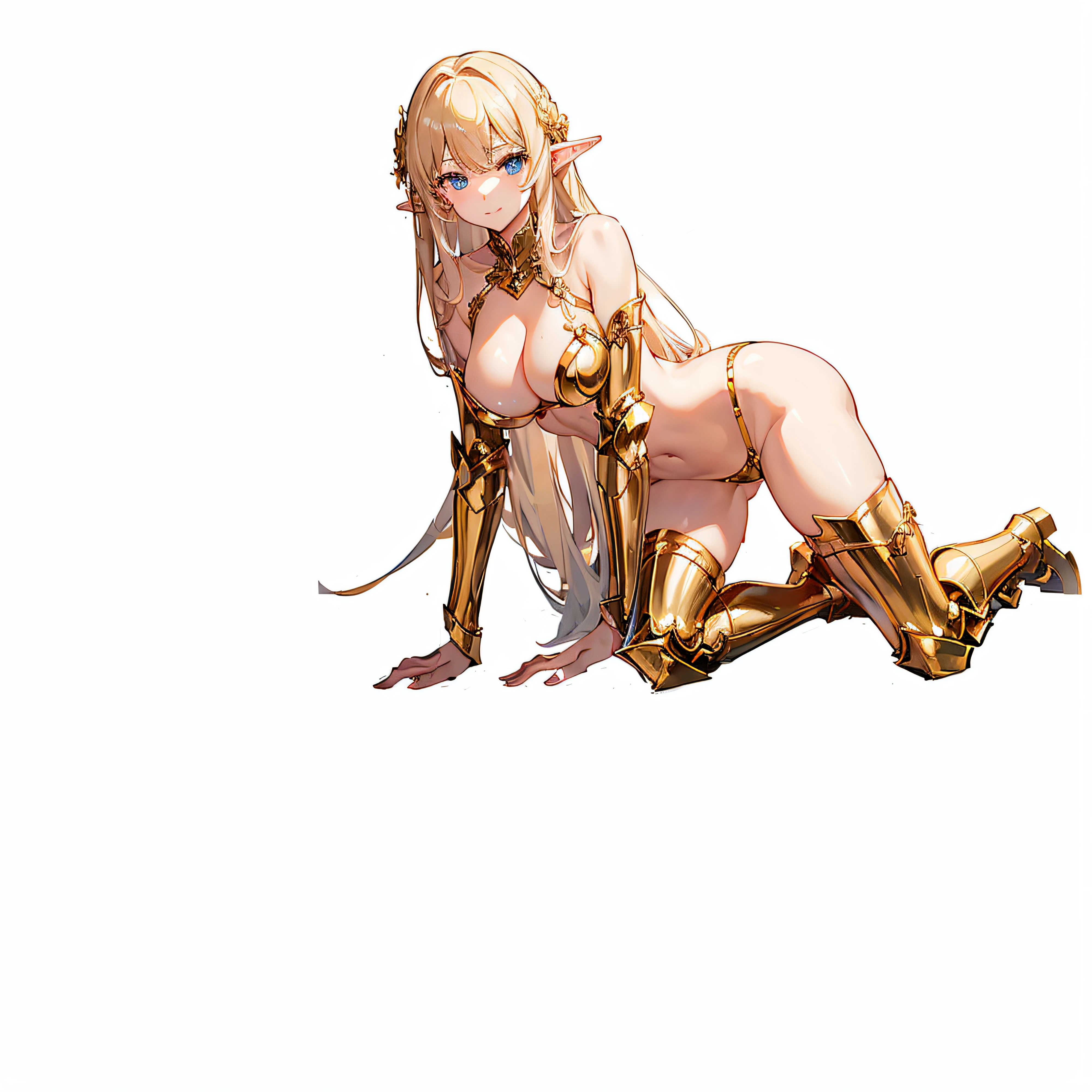 masterpiece、ultra-quality、White panty、extremely transparent skirts、Very transparent bra、Full body like、A smile、Very slender、Anime girl with blonde hair and gold armor posing naked、anime girl with a very big breast and a very big breast、Elven Girl、anime goddess、Perfect Style、The fleshy feeling of whip、a blond、Blue eyes、alluring elf princess knight、Very open chest、oppai proportions、(Exposed seductive attractive cleavage:1.3)、teats、You can almost see the areola、Wet sheer skirt、Ultra-thin skirt、Ecchi anime style、Glittering golden armor、Angel Smile、angelic golden armor、Glamorous bikini armor、Beautiful fingers、Gold hair ornament、Gold bangles、Gold ankles、Gold Long Boots、Girl in armor、Sexy body、Emphasizes cleavage