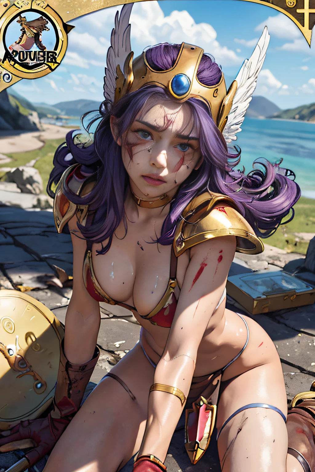 (trading card:1.2),text,(gold frame:1.2),(masterpiece, best quality:1.2), soldier \(dq3\), 1girl, bikini armor, long hair, curly hair, purple hair, blue eyes, large breasts, gloves, loincloth, winged helmet, red armor, holding sword and shield, (brunette messy hair), (Crying face:1.3),(perfect body, perfect boobs, perfect thighs),(tears, blood, bruises on face and body, injuries on body, damaged),torn costume,erect nipples,show off nipples,(nsfw:1.2),lake background,from below,all-fours