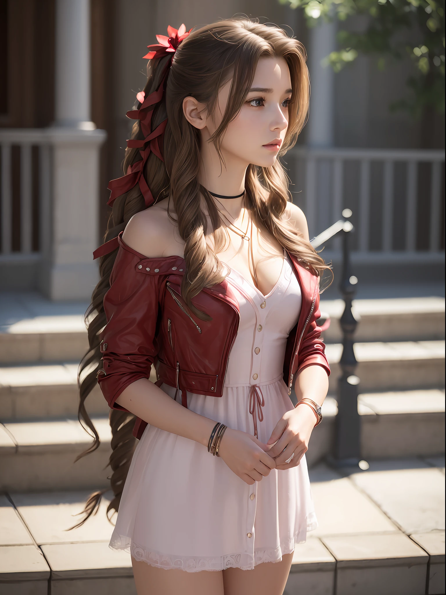 (masterpiece, best quality:1.4), (future days), (wide shot), (front shot), (1girl), solo, (european youth:1), aerith gainsborough, choker, cropped jacket, hair bow, bracelet, pink dress, brown boots, very long hair, hair ribbons, hair flowers, strapless red dress, high heels hyperrealistic, high detailed skin, dslr, soft lighting, high quality, highly detailed face, highly detailed skin, skin pores, subsurface scattering, realistic pupils, medium breast, full face blush, full lips, detailed background, depth of field, volumetric lighting, sharp focus, absurdres, realistic proportions, good anatomy, (realistic, hyperrealistic:1.4), 16k hdr,