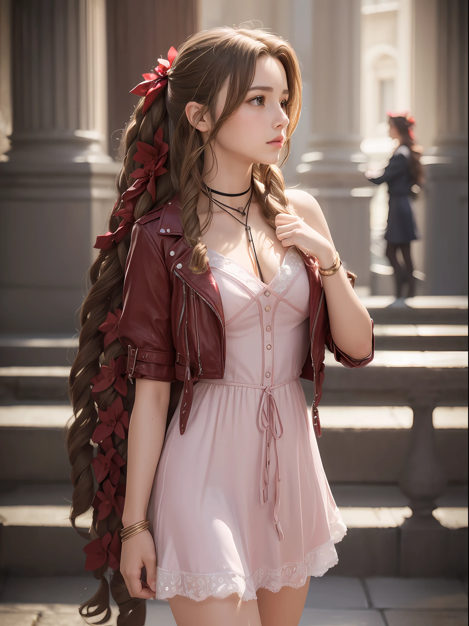 (masterpiece, best quality:1.4), (future days), (wide shot), (front shot), (1girl), solo, (european youth:1), aerith gainsborough, choker, cropped jacket, hair bow, bracelet, pink dress, brown boots, very long hair, hair ribbons, hair flowers, strapless red dress, high heels hyperrealistic, high detailed skin, dslr, soft lighting, high quality, highly detailed face, highly detailed skin, skin pores, subsurface scattering, realistic pupils, medium breast, full face blush, full lips, detailed background, depth of field, volumetric lighting, sharp focus, absurdres, realistic proportions, good anatomy, (realistic, hyperrealistic:1.4), 16k hdr,
