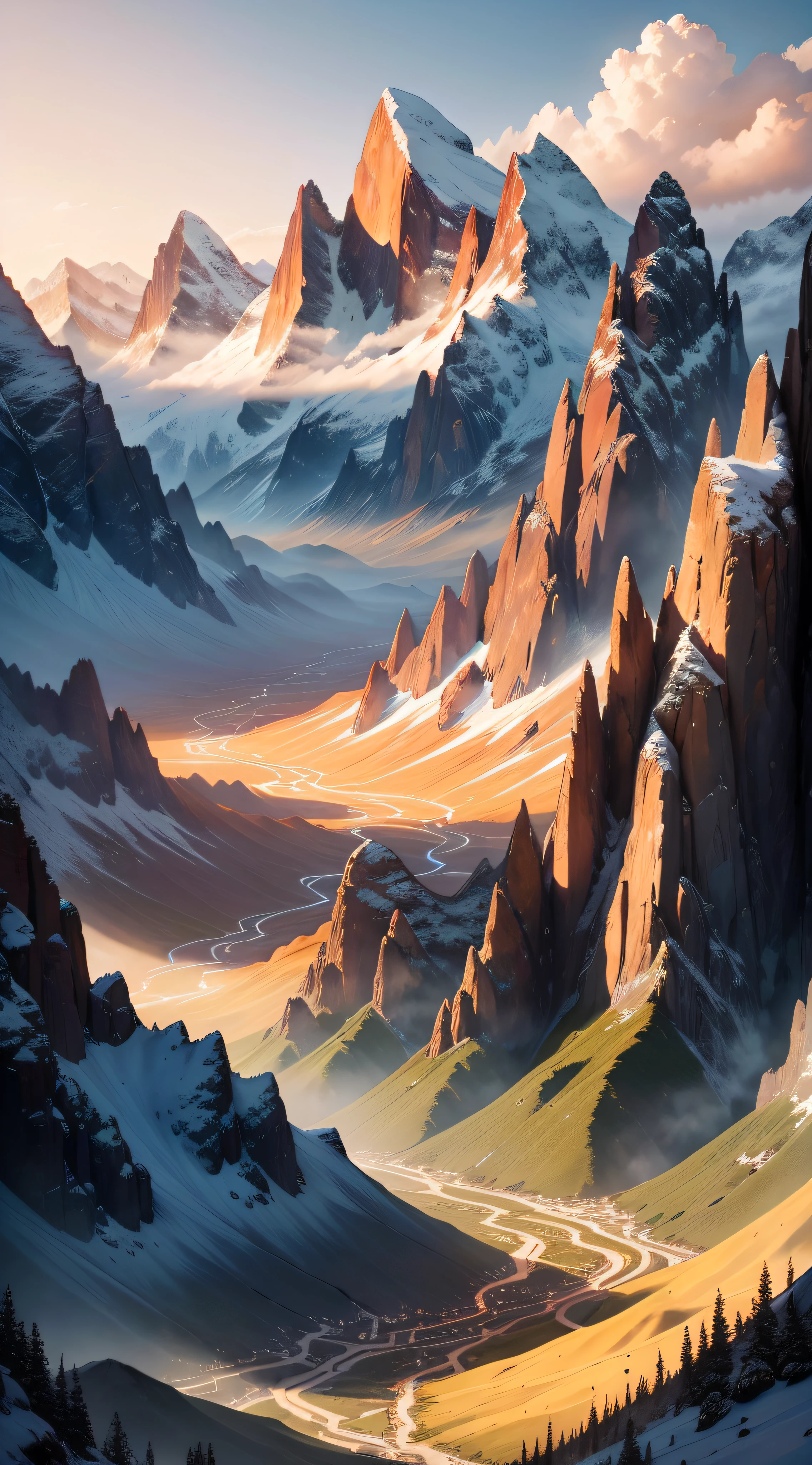 Aalfid view of the valley,Far Mountain,Valley sunset,The sun shines on the mountains,Valle encantador,dramatic morning light,epic beautiful landscape,Striking HDR lighting,dramatic golden light,Magnificent view,overlooking valley,Sunset light,Amazing landscape,sunrise light,dramatic scenery。