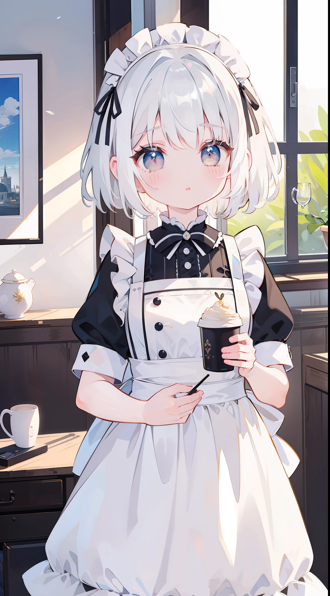 One girl、white hair、maid clothes、cute little、masterpiece、Top image quality、top-quality。cafes