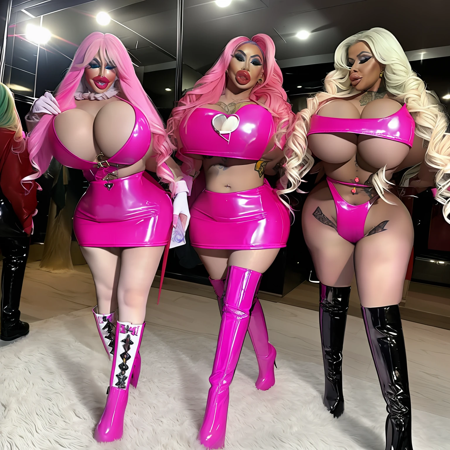 Slutty bimbos, milfs, cheap prostitutes, rave, clown, trashy, pawg, huge fake lips, fake breasts, fake booty, tattoos, long fingernails, very long hair, hair extensions, multi colored hair, very fake tan, thick lips, dark tanned skin, botox, Louis Vuitton bag, bimbo makeup, pink latex, high latex boots, crop top, fur coat, fur collar, fur boots, mini skirt, huge cleavage, walking, busy street, outside, full body view, full front view, bystanders