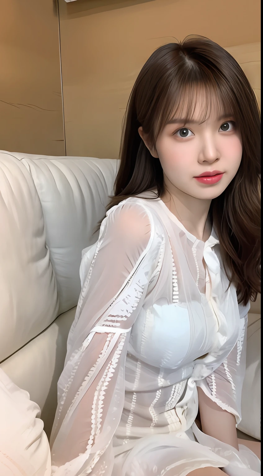 hyper HD,tmasterpiece,Highest high resolution,highest details,lightand shade contrast,A young and beautiful woman,Brown hair,beautiful pupil,long eyelasher,pouty,adorable expression,Shoot from the perspective of the human eye,Wear a smooth milky shirt,tightly dress,sitting in the couch,Snow-white skin,A sexy pose,