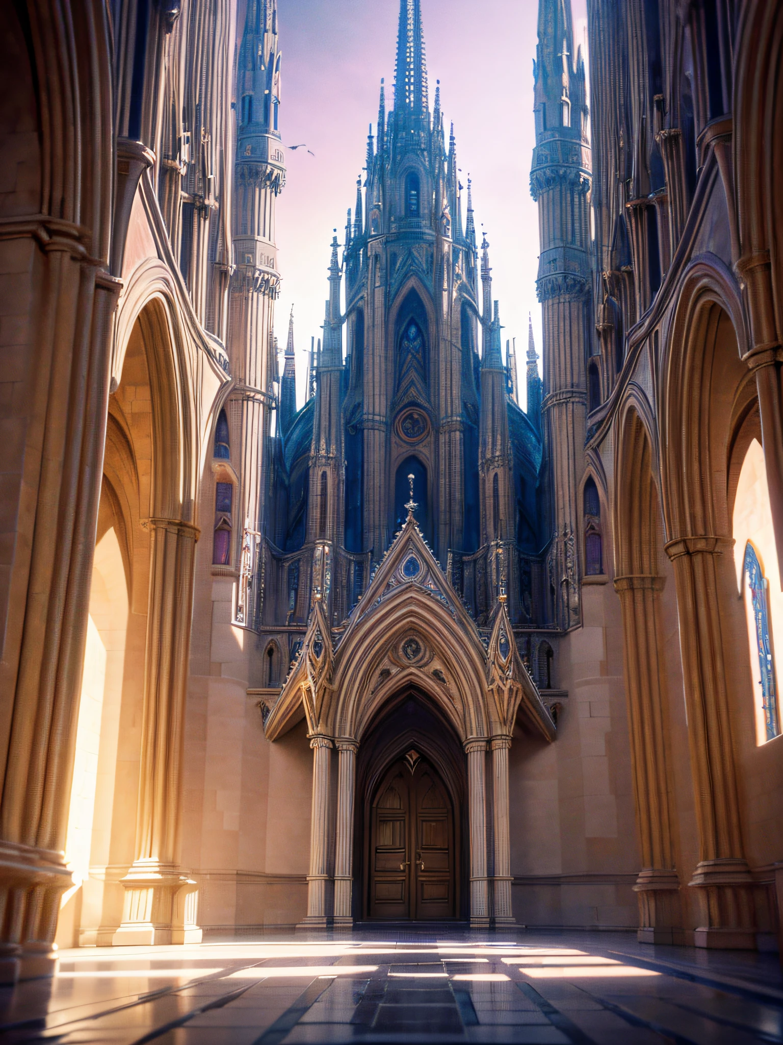 (medium shot, twilight:1.5), stunning chapel, (masterpiece, best quality, no humans, medieval fantasy city, fantasy romanesque, perspective:1.2), exterior, 8k, raw photo, absurdres, (architectural chapel, architectural street, mountain range:1.2), elaborate architecture, chapel, gradient purple sky, light leaks, depth of field, photorealistic, film grain, chromatic aberration, highres, ultra detailed, finely detail, dynamic lighting, dramatic lighting, sharp focus