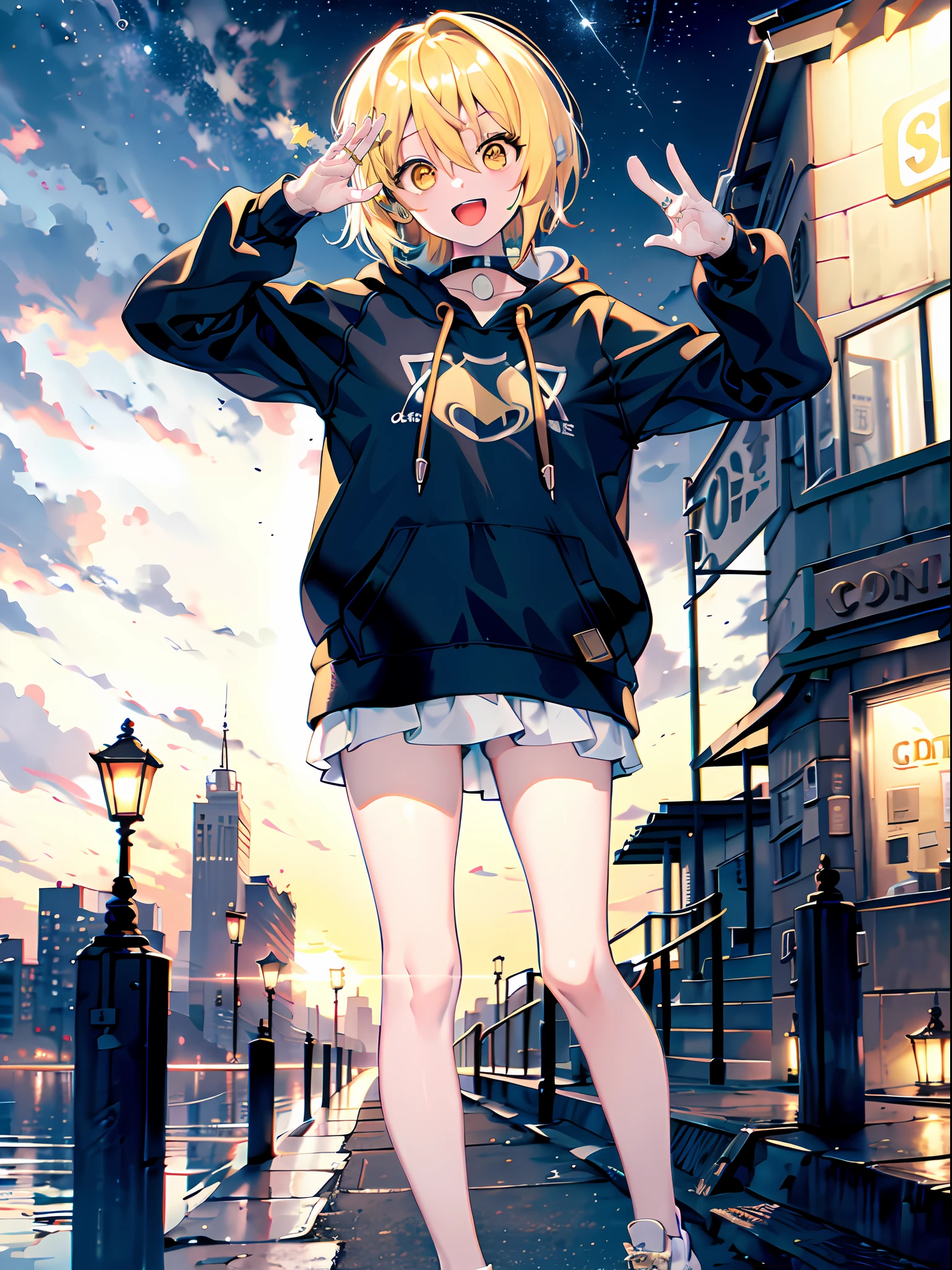 original outfit, beach outfif, 1girl, excited face expression, blonde hair, golden eyes, stars in eyes, outdoors, (hoodie:1.3), headphones around neck, cityscape, cowboy shot, waving hand