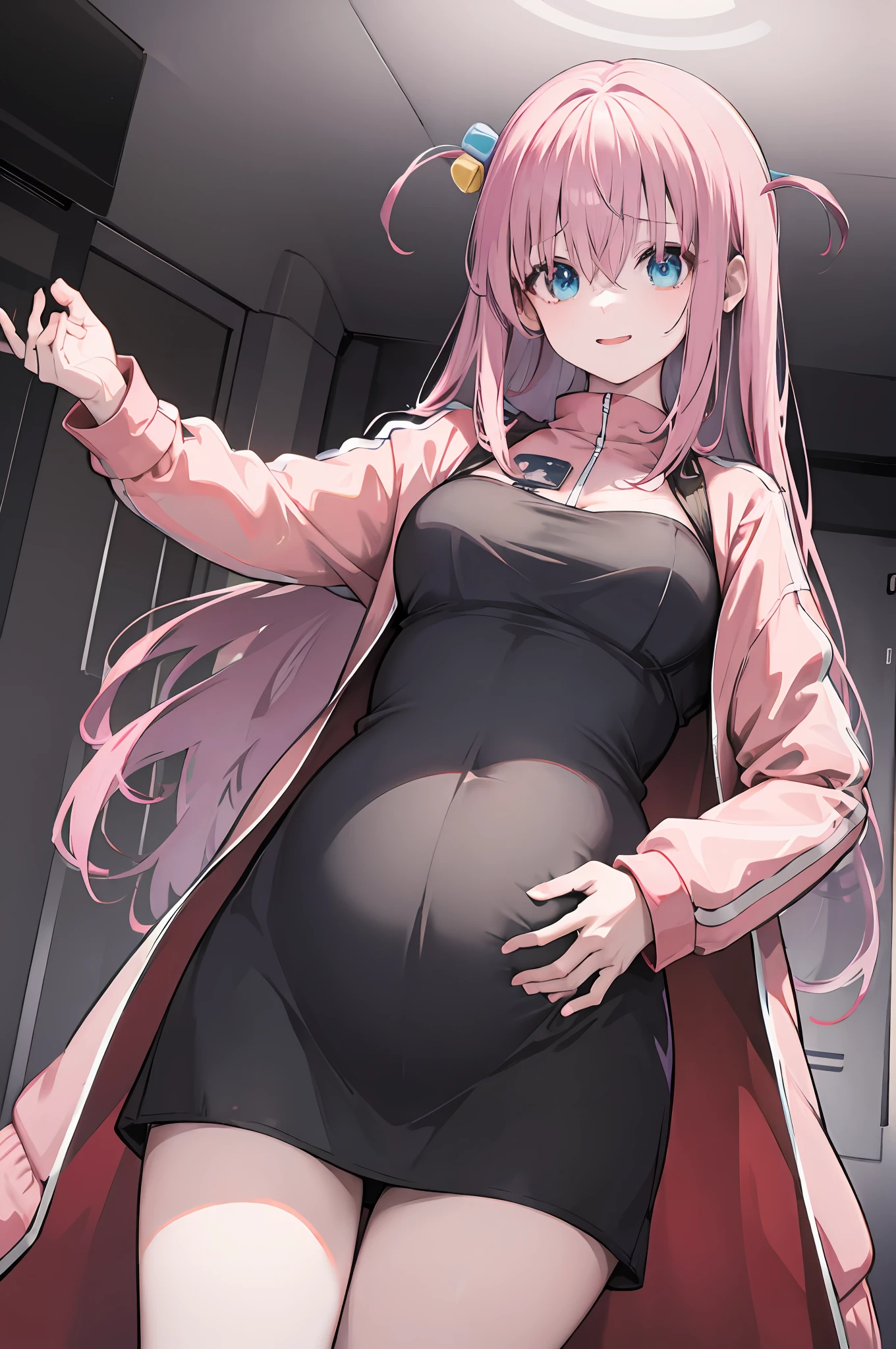 1girll，nightcity，Sateen，coat large，Put your hands in your pockets，Pregnant belly, One-piece tights, cabelos preto e longos, Large breasts, Raised sexy, Charming eyes, ssmile, style of anime, 8K, Super detail, The highest quality pregnant belly, Maternity wear，Maternity wear，Pregnant belly，Pregnant belly