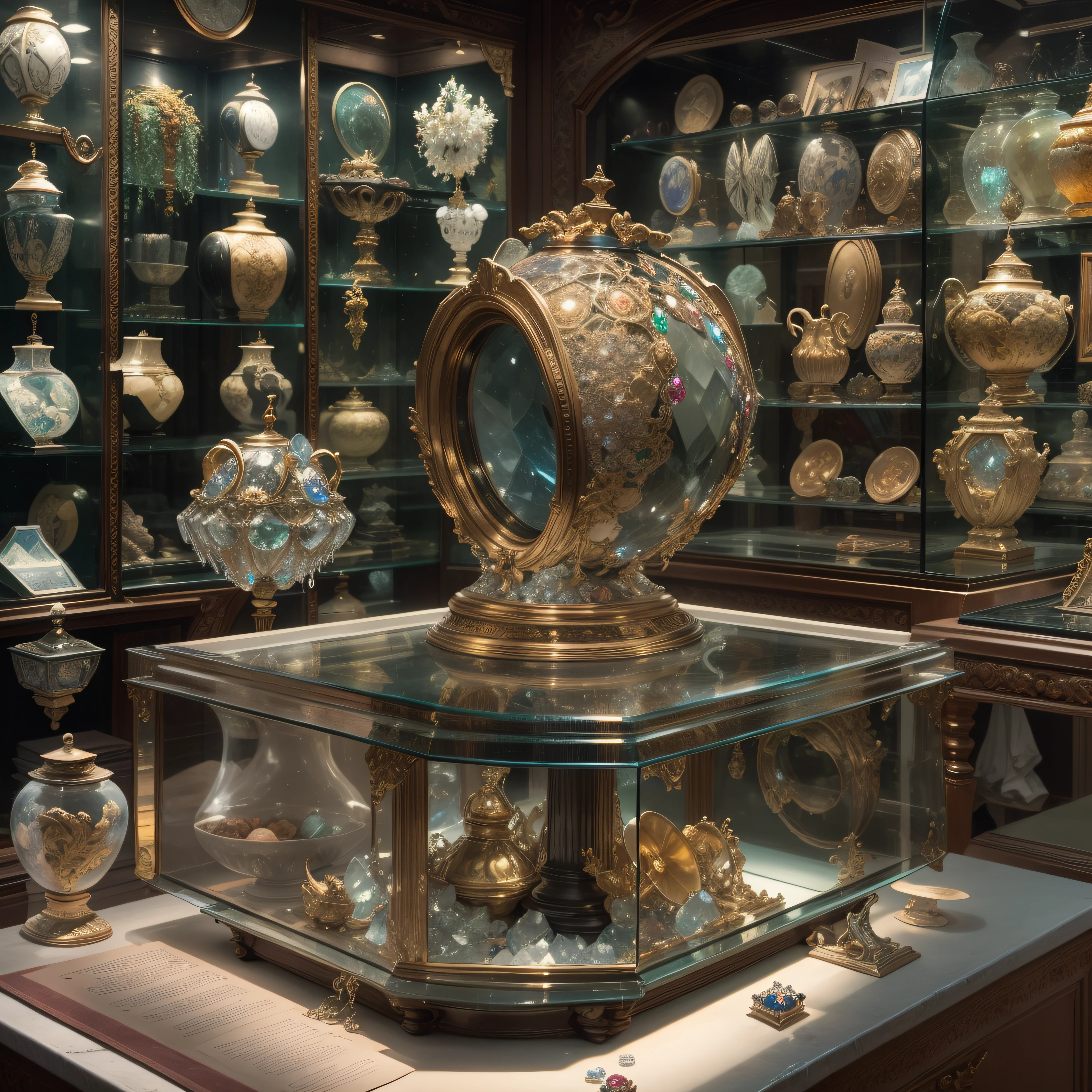 (Full Focus),Antiques in display cases,Jewelry in display case,Crystal gemstones in display case,Ore in a display case, High-value jewelry,,High-value metals,luxury goods,(Full Focus),Puzzles are prohibited, Detailed and complex background, glittery, reflective light, hyper HD, Award-Awarded, A high resolution, High detail, Chiaroscuro, Cinematic lighting, Masterpiece, Ray traching,structurally correct, Super detail, High quality, High details, Best quality, 16k