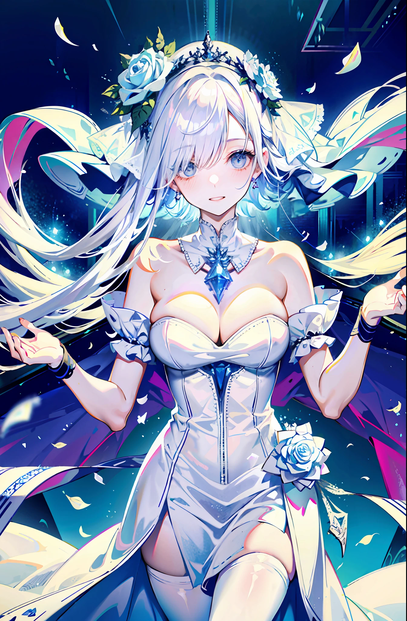 silber hair,butterflys,long whitr hair,white wedding gown,8k wallpaper,detailedbackground,Highest high resolution,deep v big breasts,Hair covers one eye,Bandeau wedding dress,chies,White rose,tight-fitting,chies,In the daytime,flower sea,