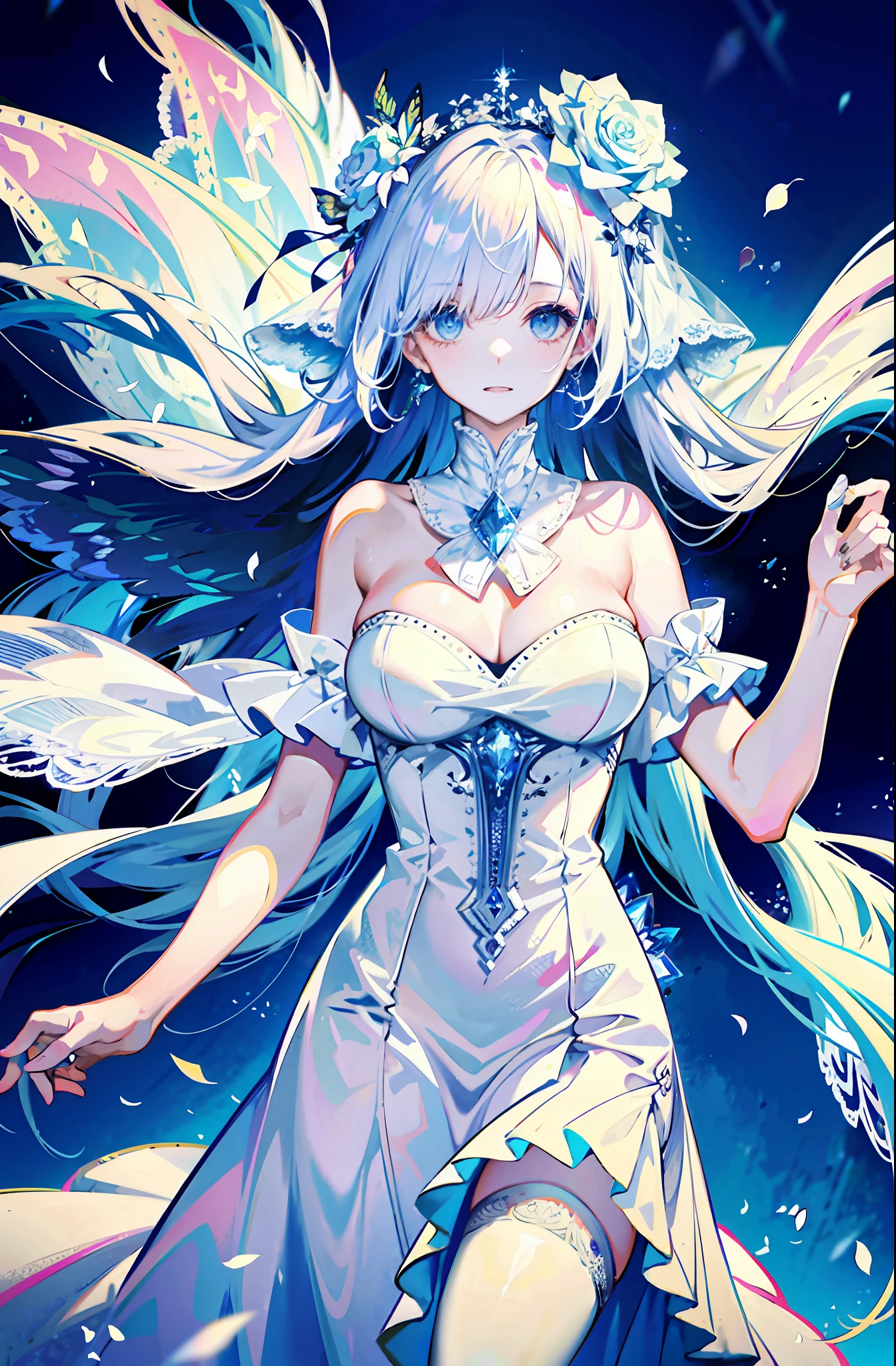 silber hair，butterflys，long whitr hair，white wedding gown，8k wallpaper，detailedbackground，Highest high resolution，deep v big breasts，Hair covers one eye，Bandeau wedding dress，chies，White rose，tight-fitting，chies，In the daytime，flower  sea，