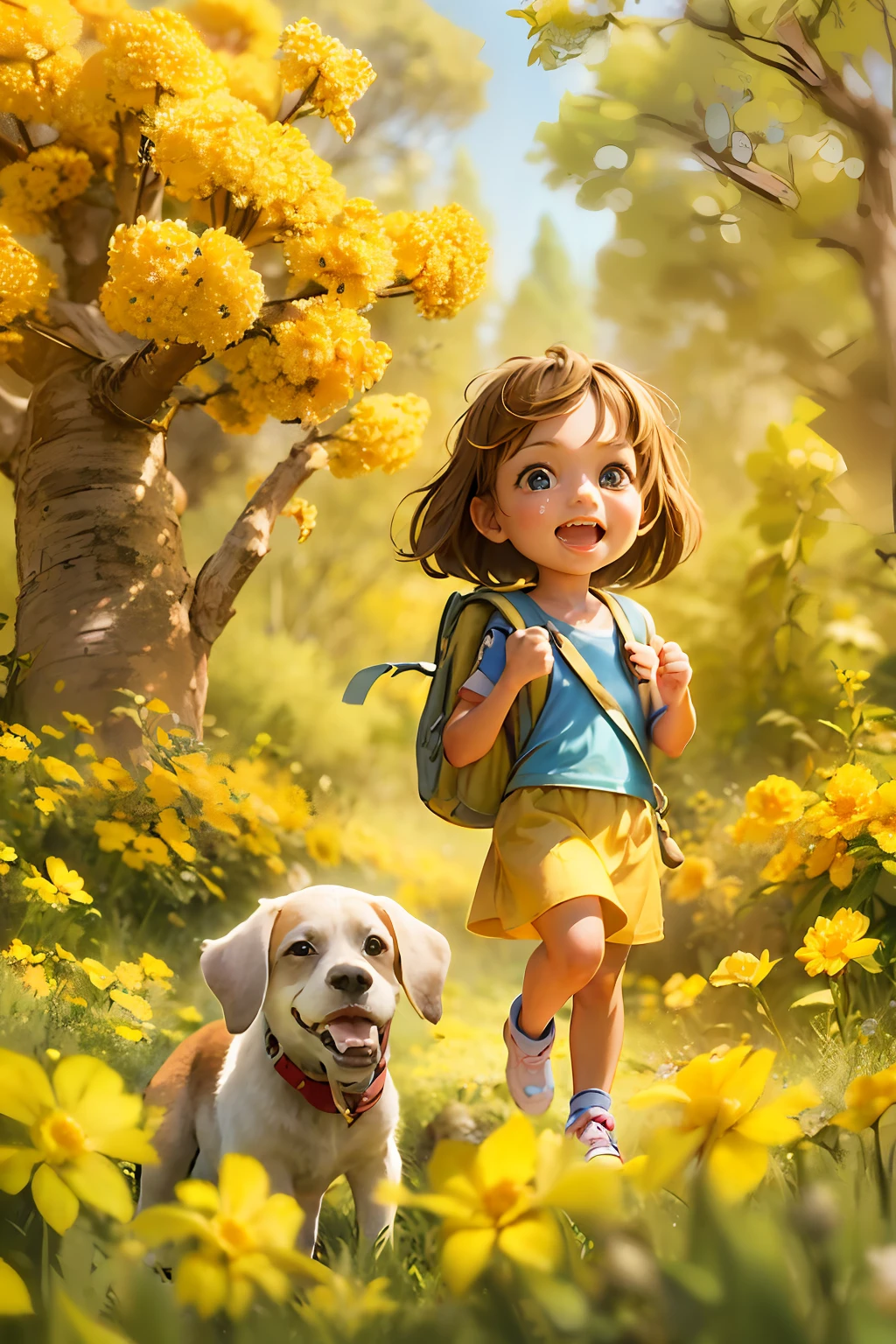 A very charming  girl with a backpack and her cute little dog enjoying a lovely spring outing surrounded by beautiful yellow flowers and nature. The illustration is a high-definition illustration in 4K resolution with highly detailed facial features and cartoon-style visuals