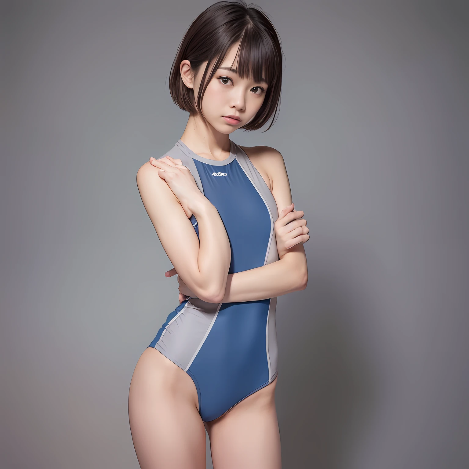 (Solo), (a detailed full-body RAW photo of a girl), (masutepiece:1.0), (Best Quality:1.4), (超A high resolution:1.2), (Photorealistic:1.4), 8K resolution, Canon EOS R5, 50 millimeters, absurderes, ultra-detailliert, (40 year old), Cinematic lighting, Detailed beautiful face, (no-makeup:1.2), (ulzzang -6500-v1.1), petite figure, Detailed skin texture, (flat chest:1.4), (skinny and fit body:1.6), Detailed brown hair,  sweltering,(Very short hair:1.5), See Through wear, (Blue and gray thin competition one piece swim wear:1.5), More transparent, low rise, realistic glistening skin, Detailed texture, Cameltoe, well-developed abs, erect nipples, wet wear, (hikari mitsushima)