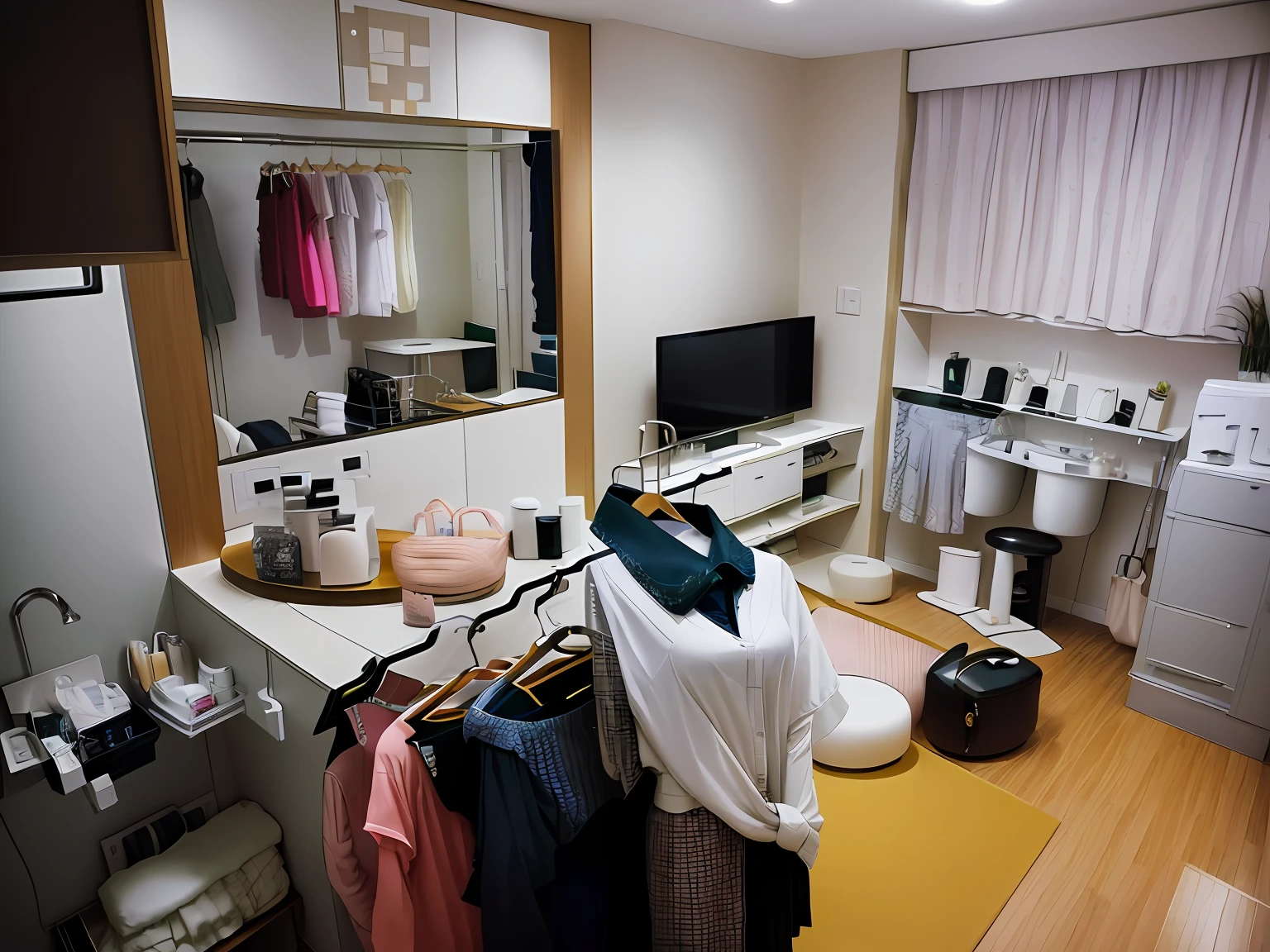 Inside the organized and fashionable ladies' room、There are stylish rooms for women in Japan apartments。The room is filled with interiors.、It has a beautiful atmosphere。Inside the orderly and tidy room、There is also a lovely bedroom.。Generate images taken with Sony A3 camera throughout a beautiful room。